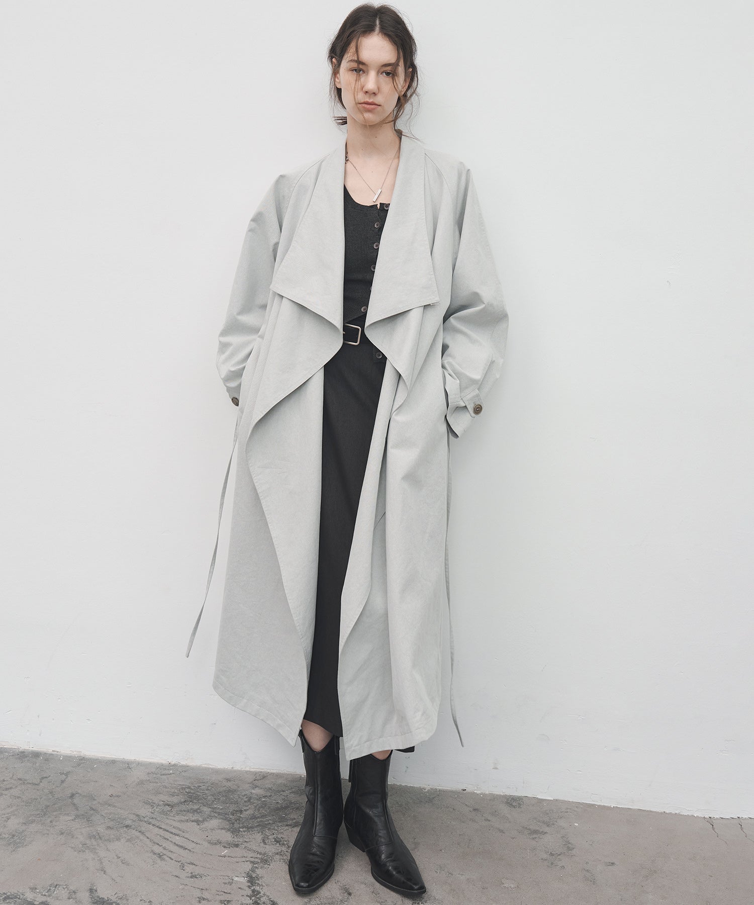Layered Drape-Neck Trench Coat – Oversized Long Silhouette