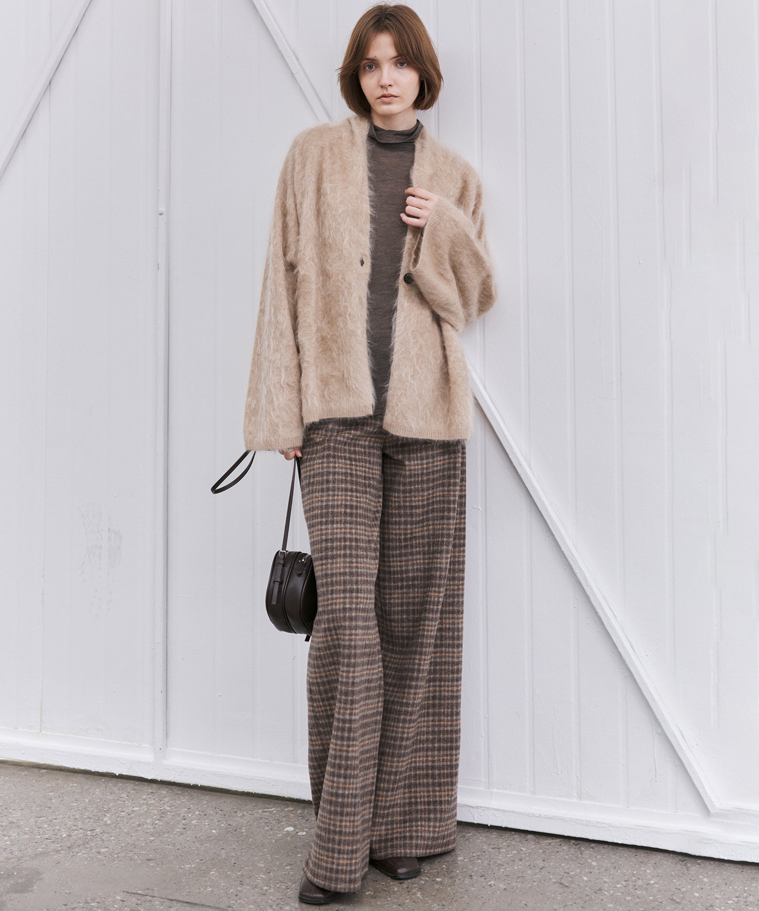 Wool Blend Yarn-Dyed Vintage Check Brushed Wide-Leg Pants