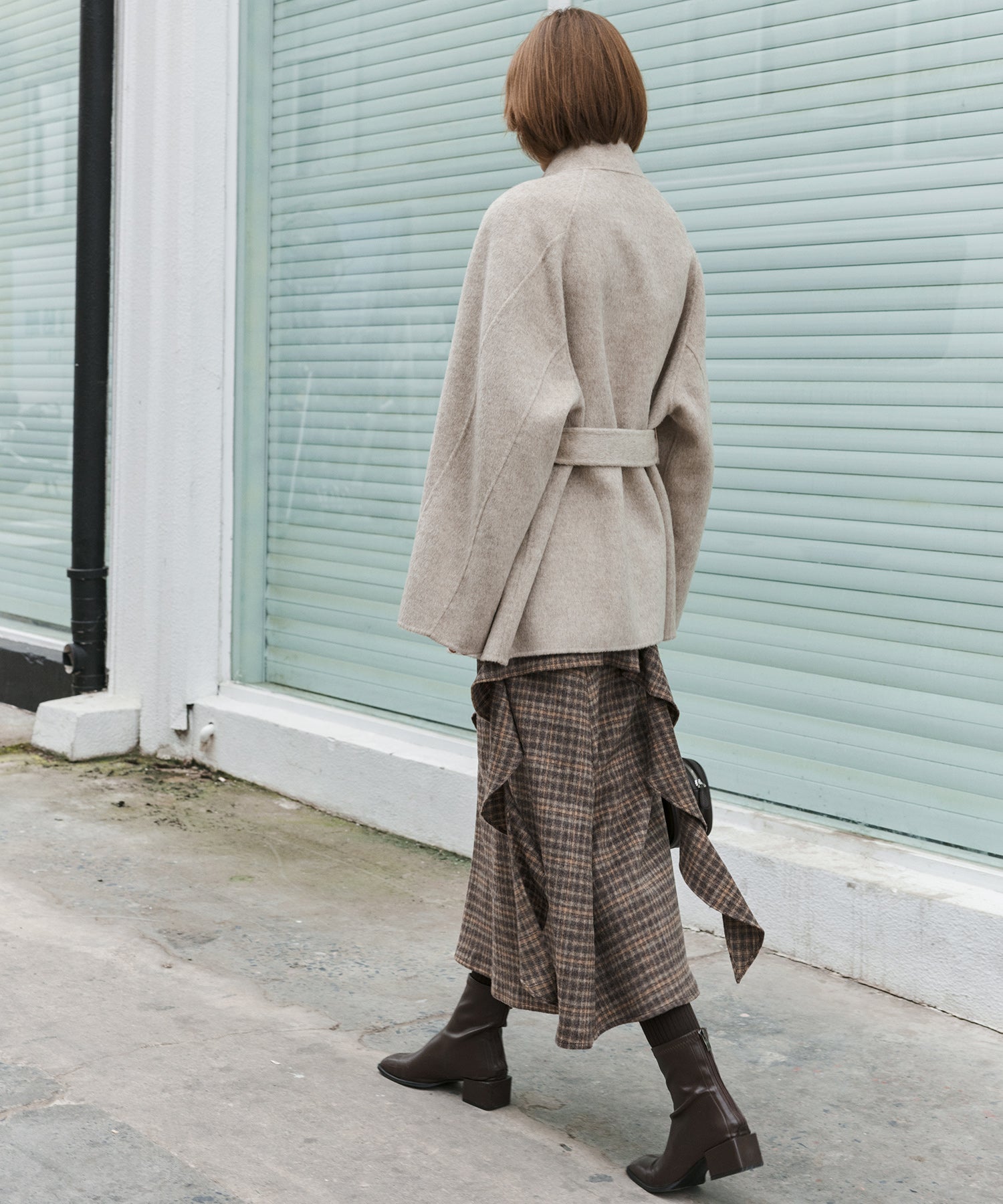 Wool Blend Irregular Flake Detail Yarn-Dyed Vintage Check Brushed A-Line Midi Skirt