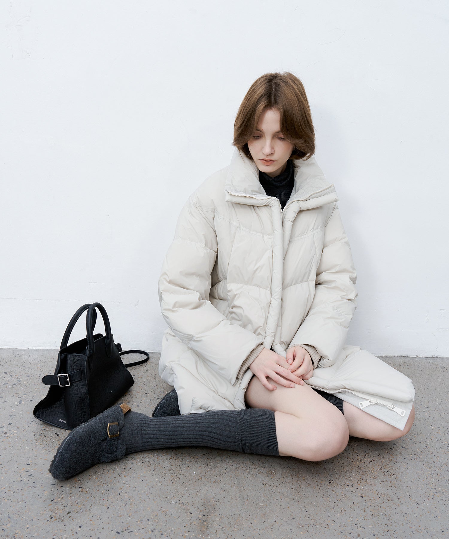 Mid-Length Stand Collar Hooded Oversize Down Coat