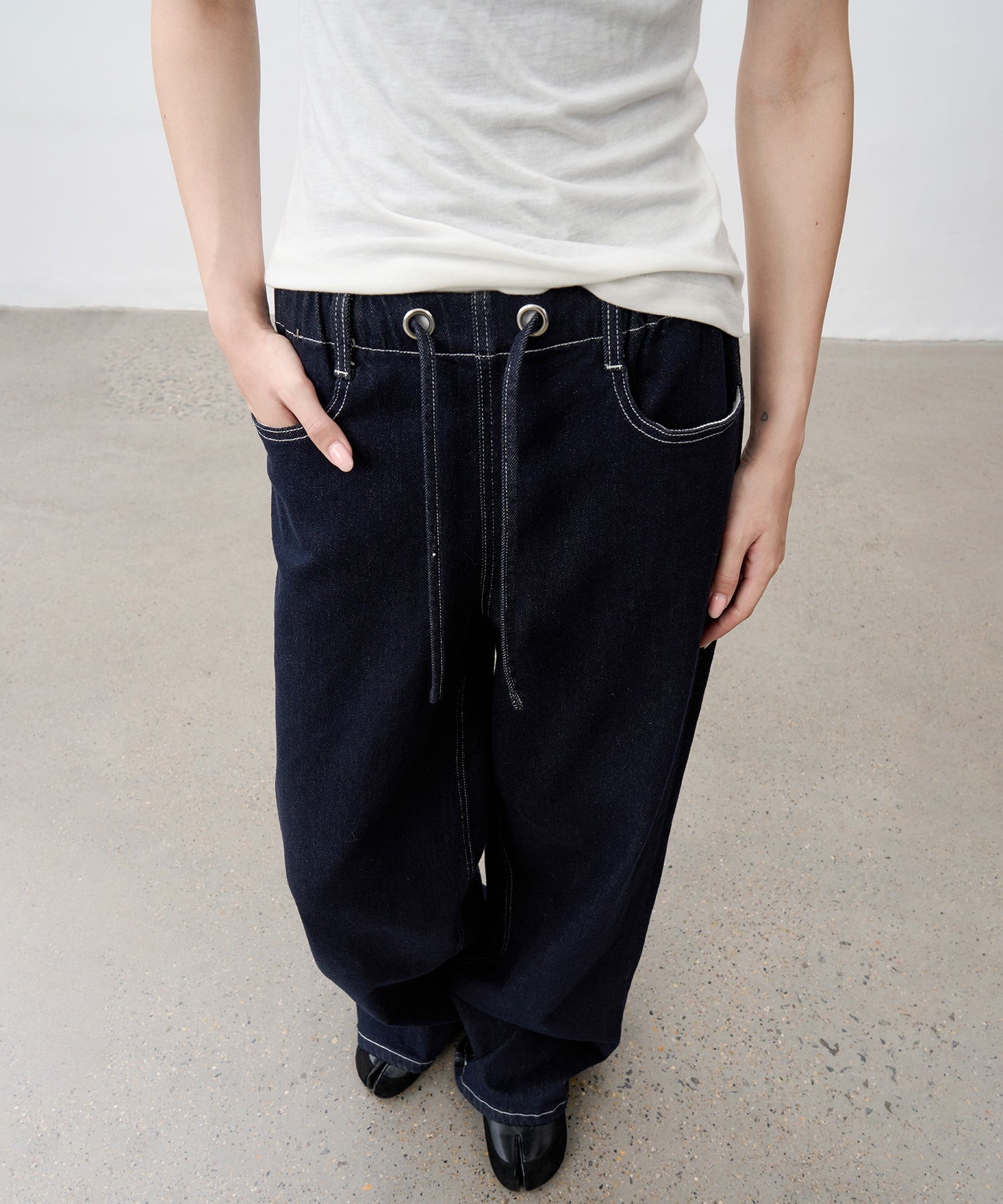 Drawstring Straight Washed Denim Pants