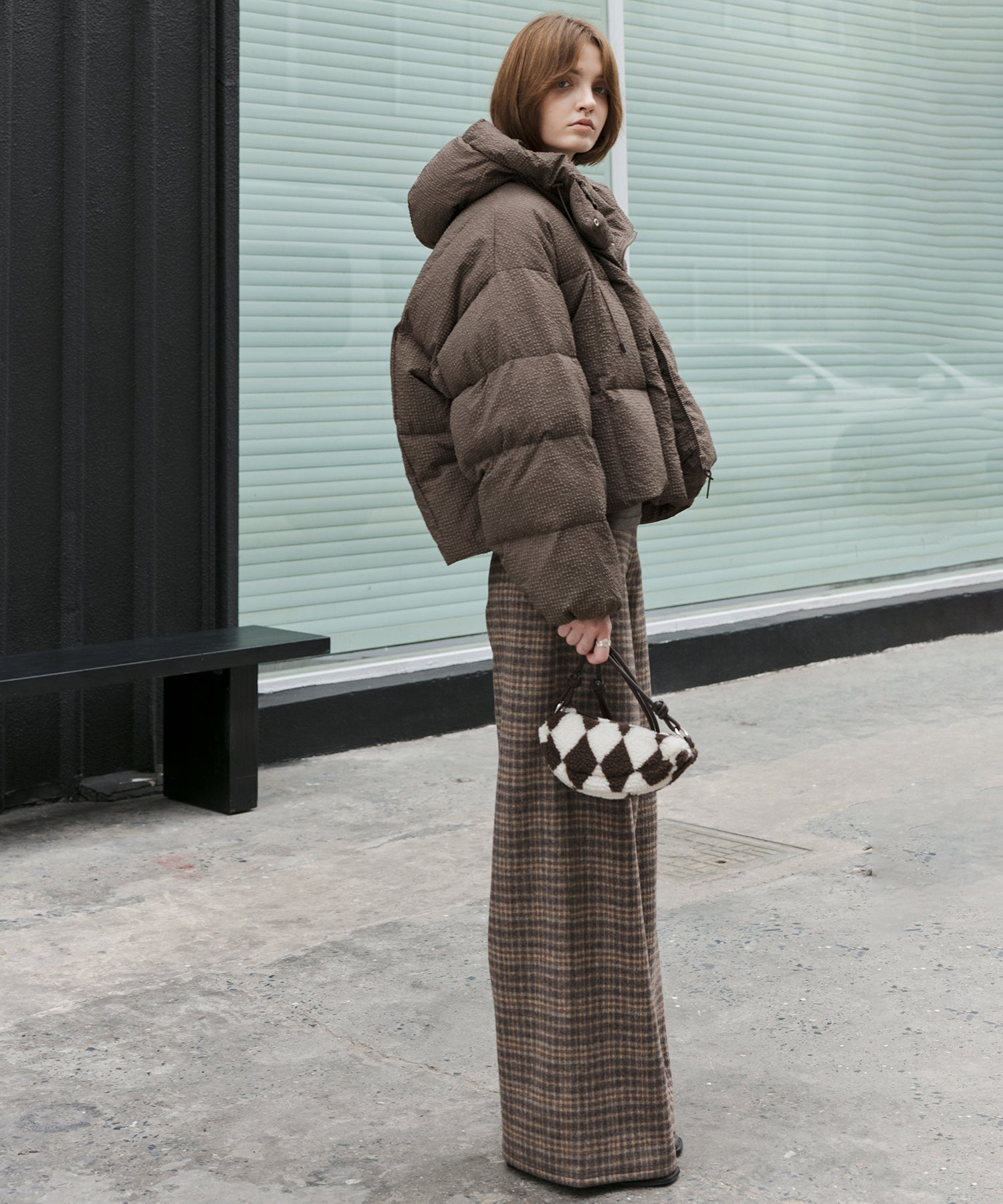 Wool Blend Yarn-Dyed Vintage Check Brushed Wide-Leg Pants