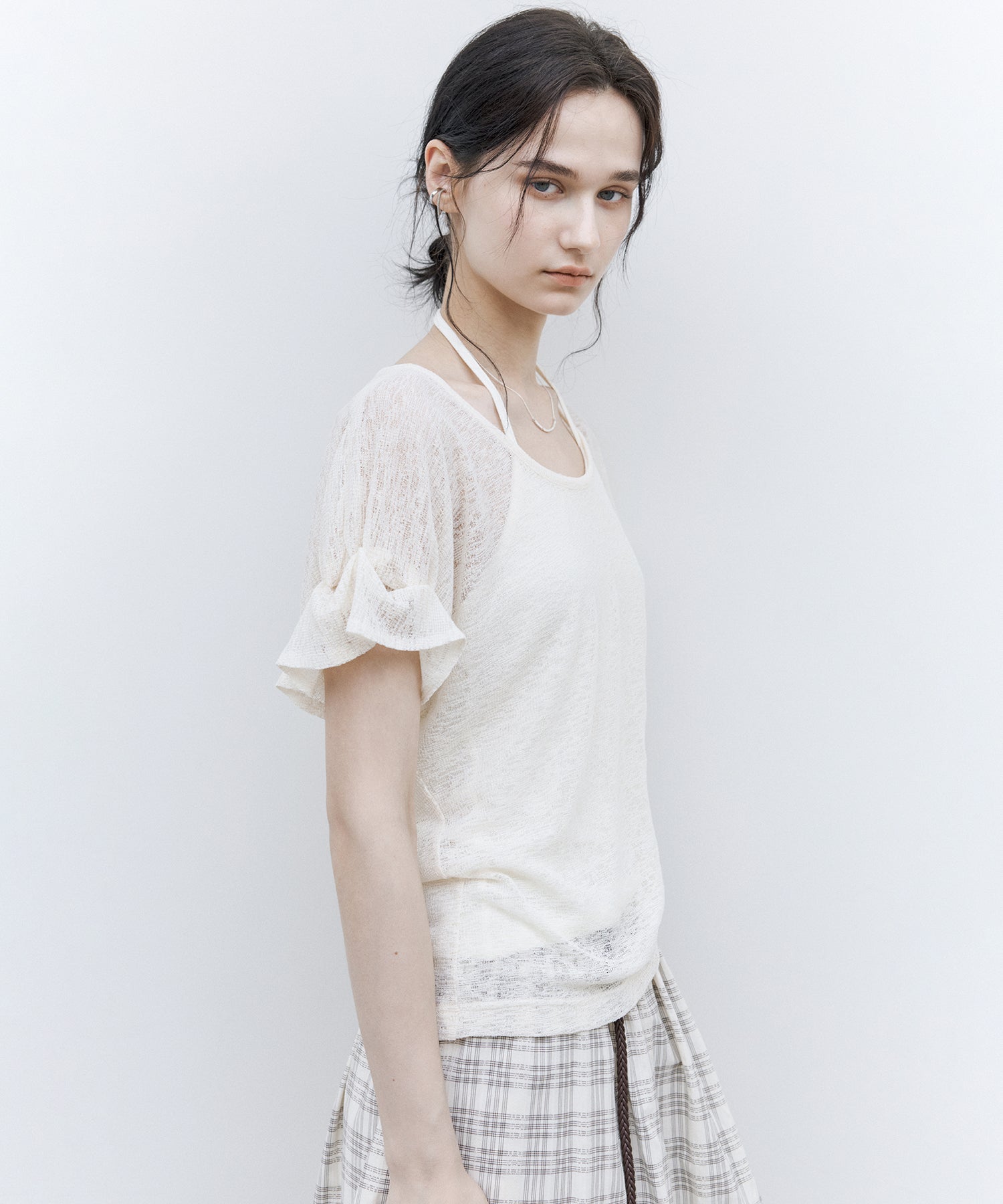 Sheer Gathered Sleeve T-Shirt