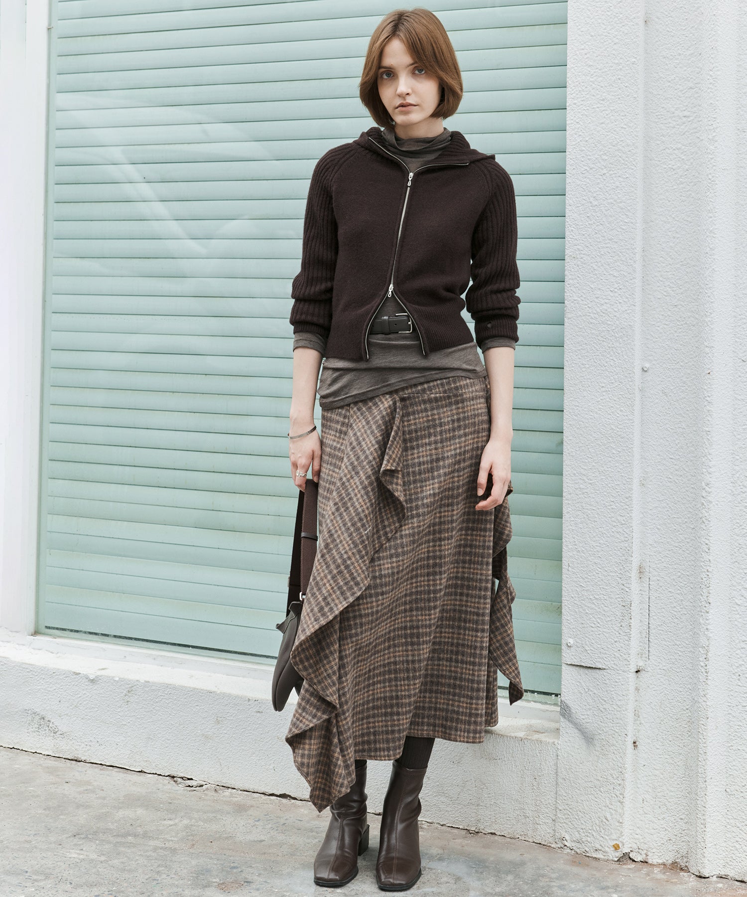 Wool Blend Irregular Flake Detail Yarn-Dyed Vintage Check Brushed A-Line Midi Skirt
