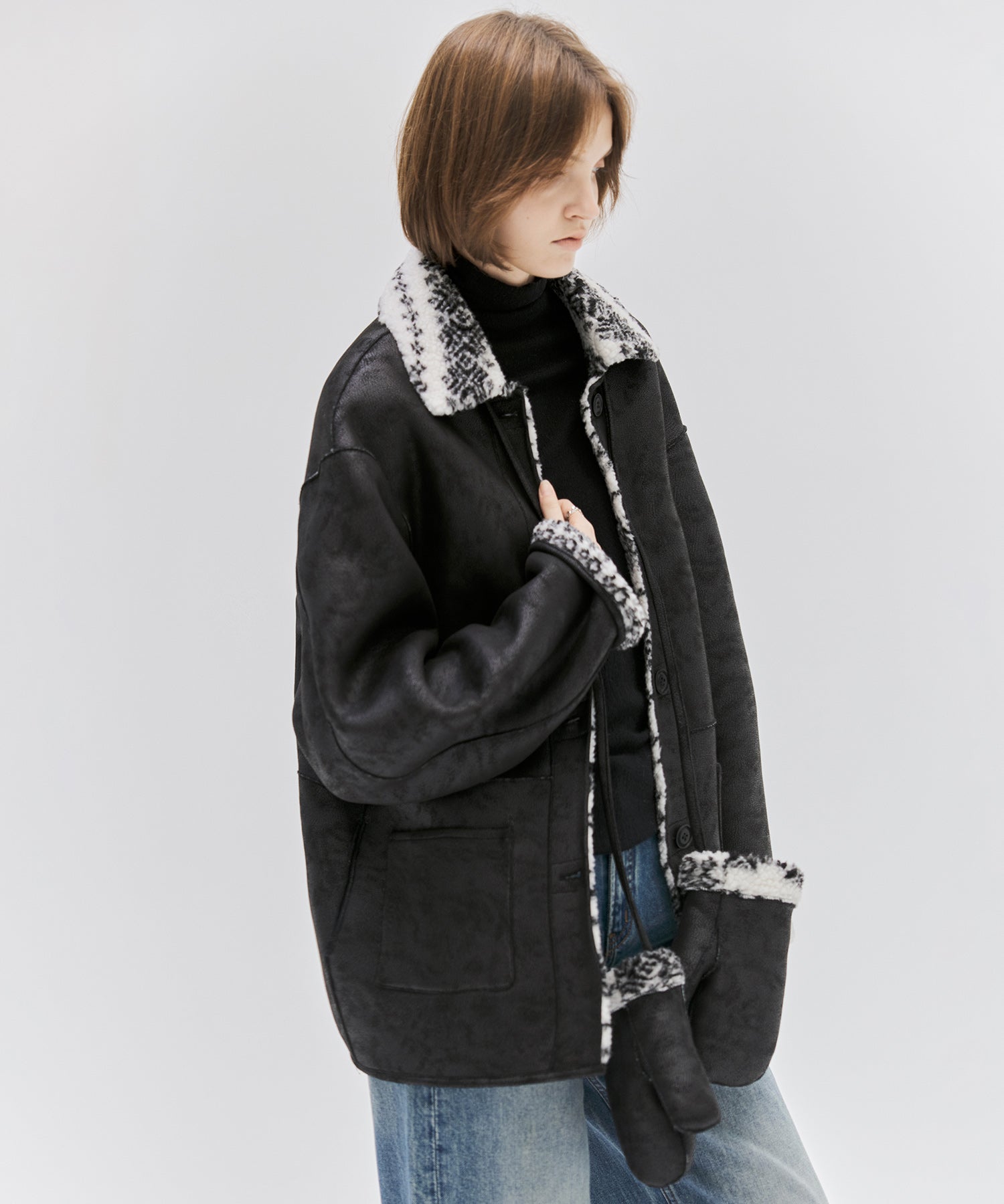 Fair Isle Faux Shearling Jacket with Gloves