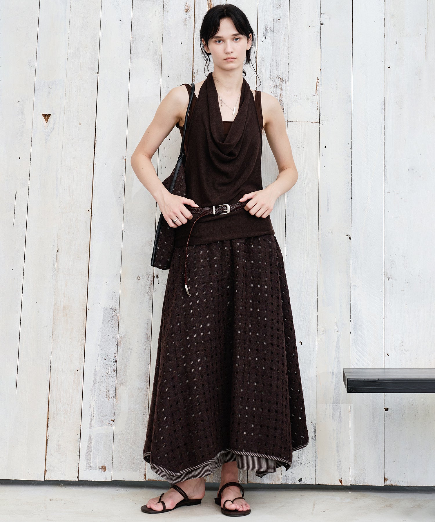 Cut-Out Layered High-Waist A-Line Midi Flare Skirt