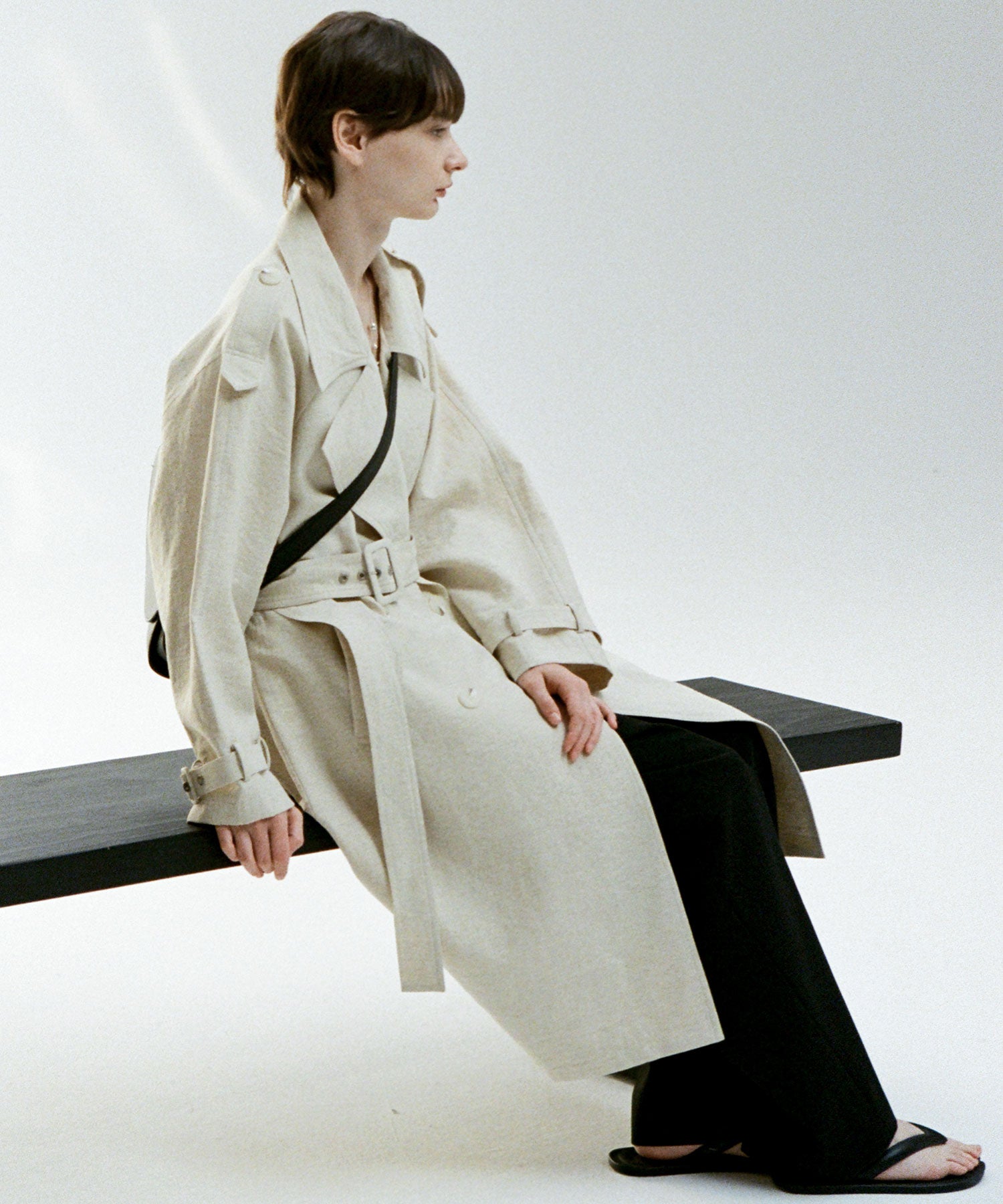 Linen Blend Double-Breasted Long Trench Coat with Epaulettes and Belt