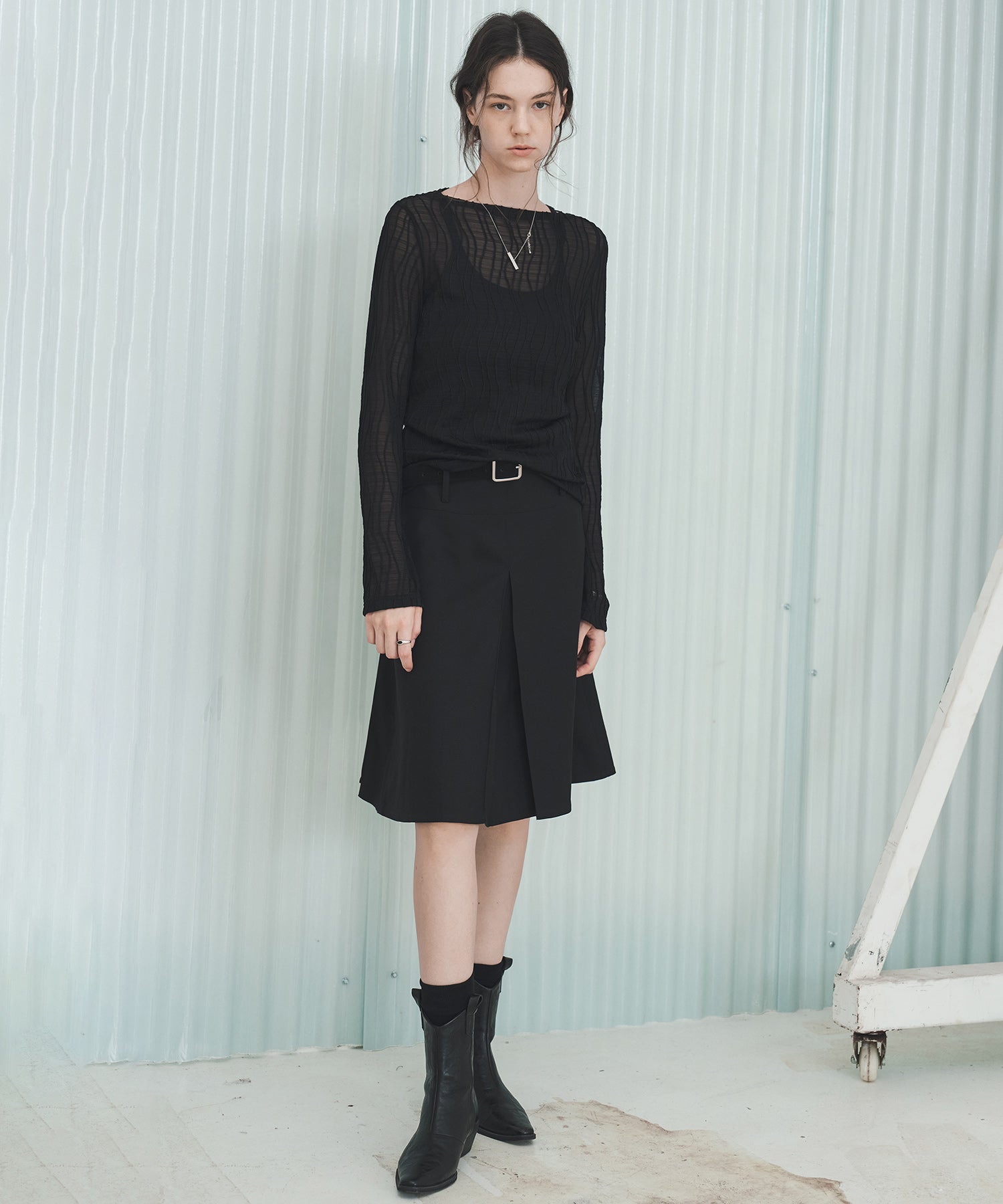 Jacquard Mesh Boat Neck Top – Sheer Long Sleeve Tee