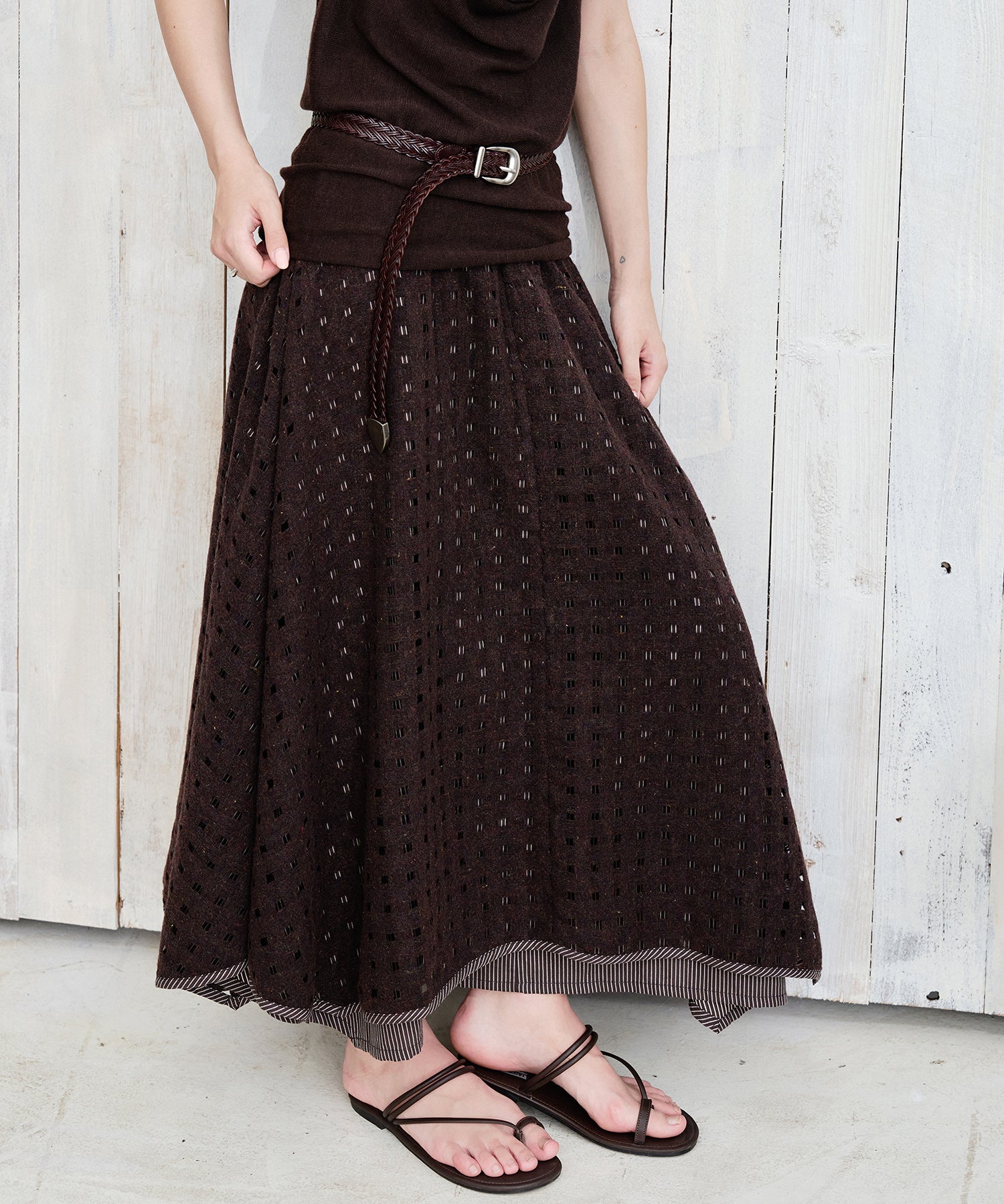 Cut-Out Layered High-Waist A-Line Midi Flare Skirt