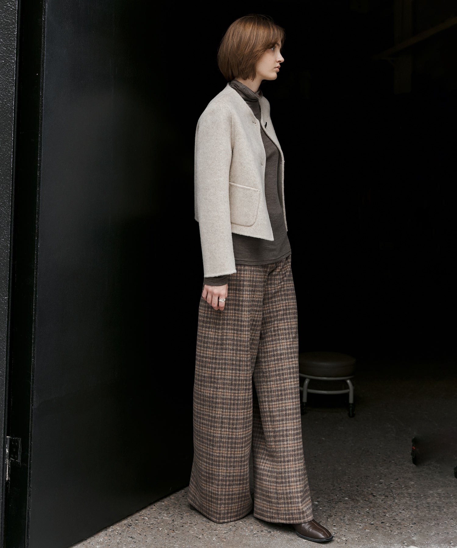 Wool Blend Yarn-Dyed Vintage Check Brushed Wide-Leg Pants