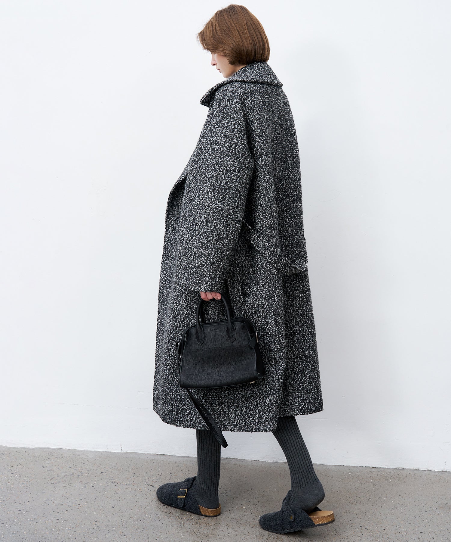 Mixed-Color Bouclé Wool Lapel Long Coat