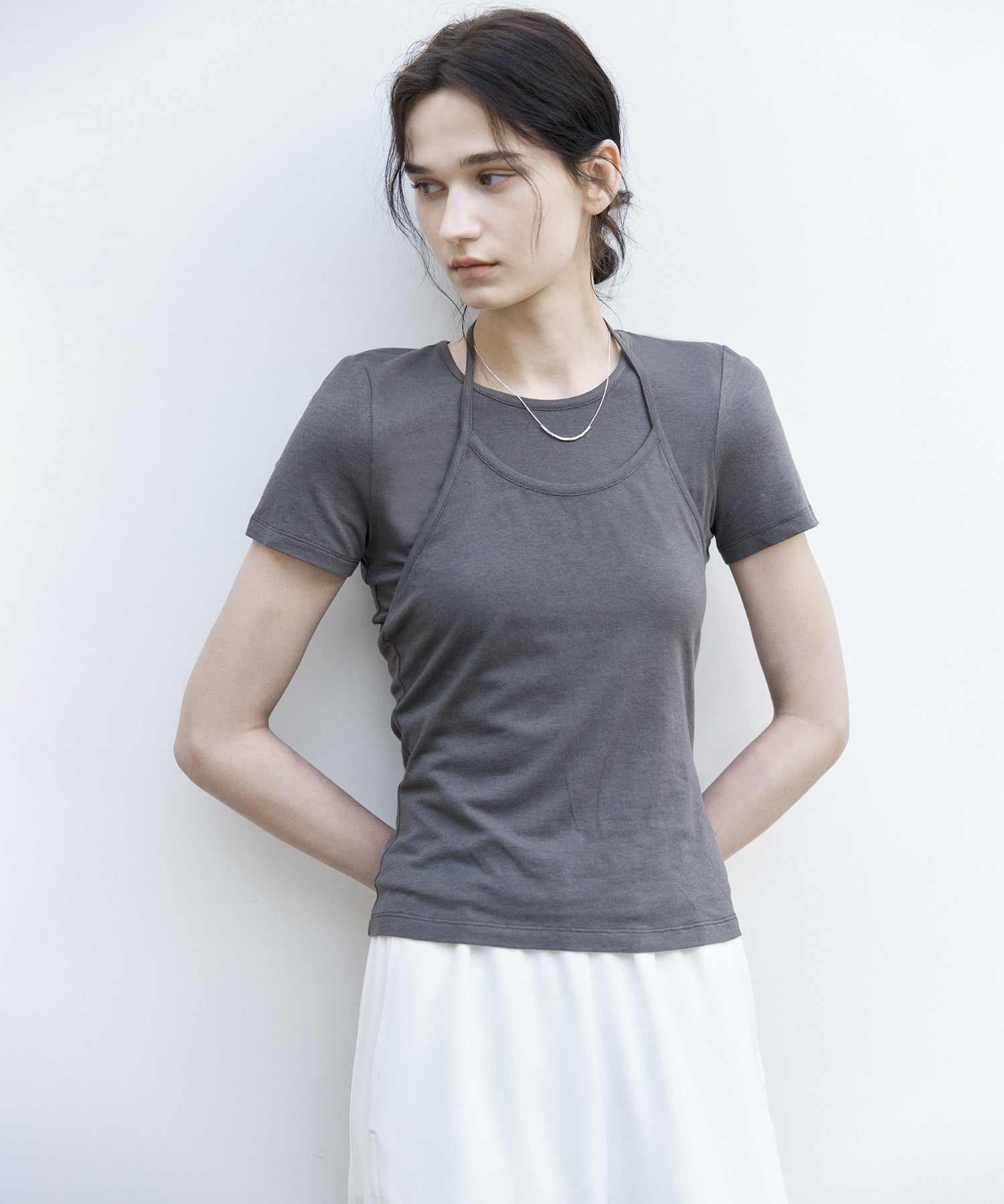 Slimming Solid Color Tee Set with Halter Detail
