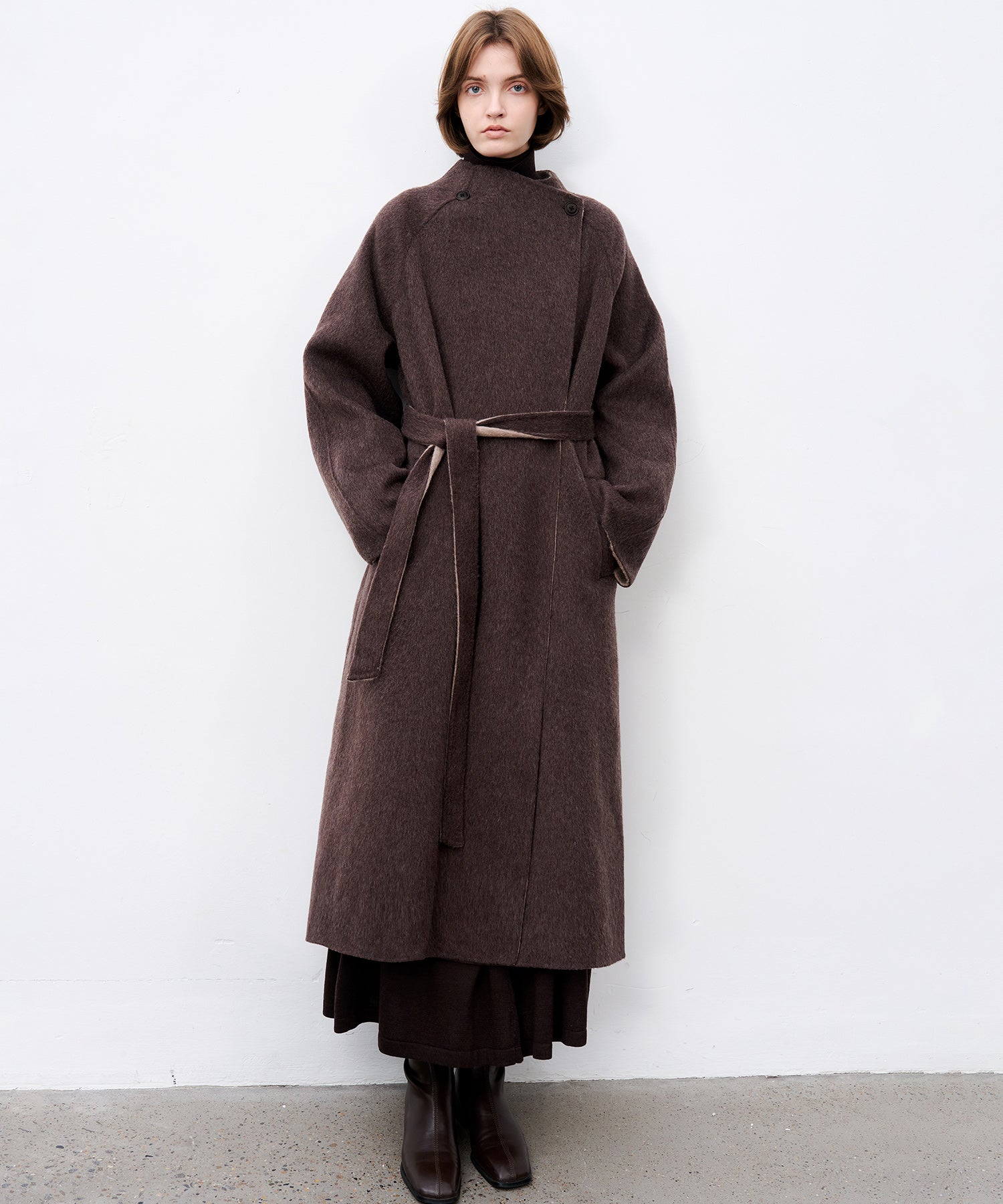 100% Wool Overlap Collar Double-Faced Long Coat