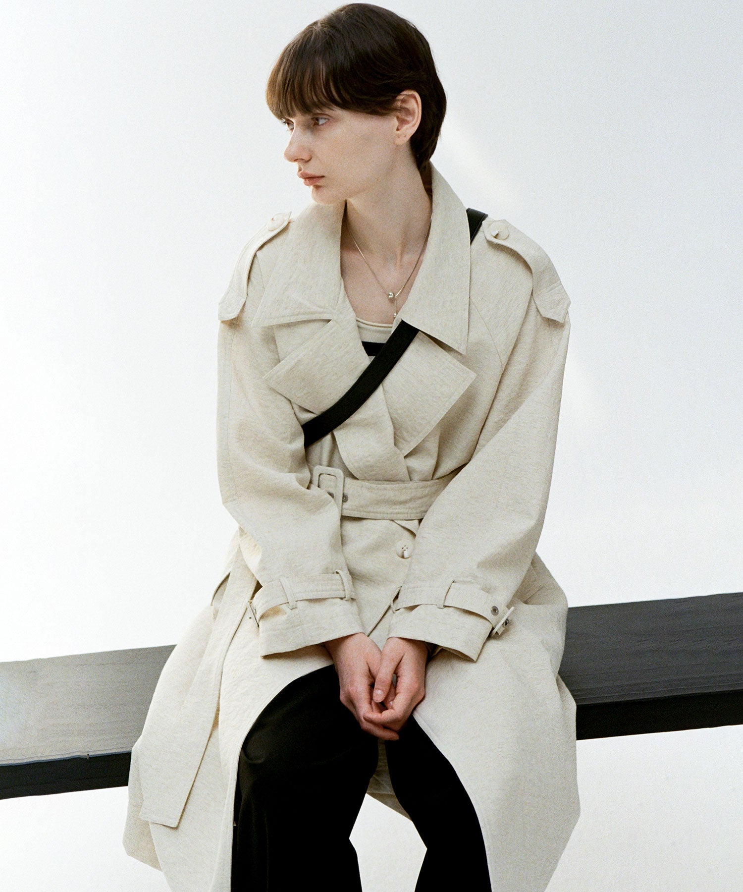 Linen Blend Double-Breasted Long Trench Coat with Epaulettes and Belt