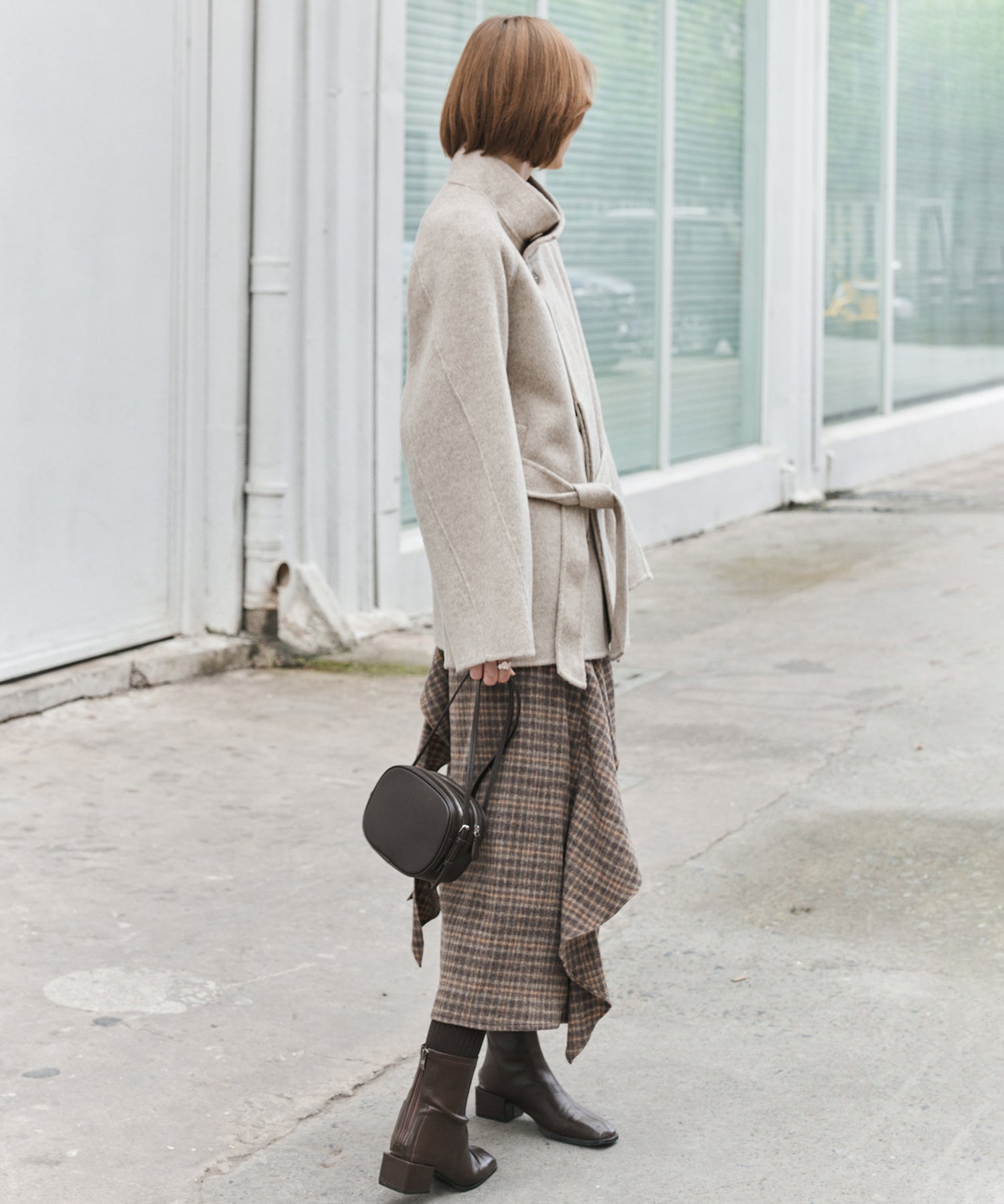 Wool Blend Irregular Flake Detail Yarn-Dyed Vintage Check Brushed A-Line Midi Skirt