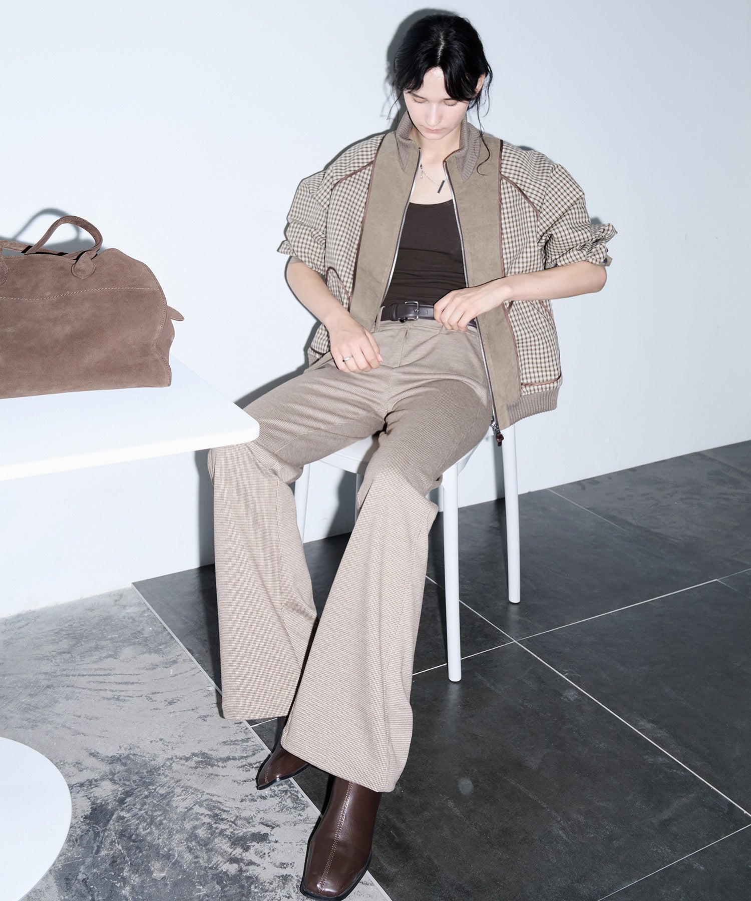 Reverse-Look Oversized Cropped Check Short Jacket