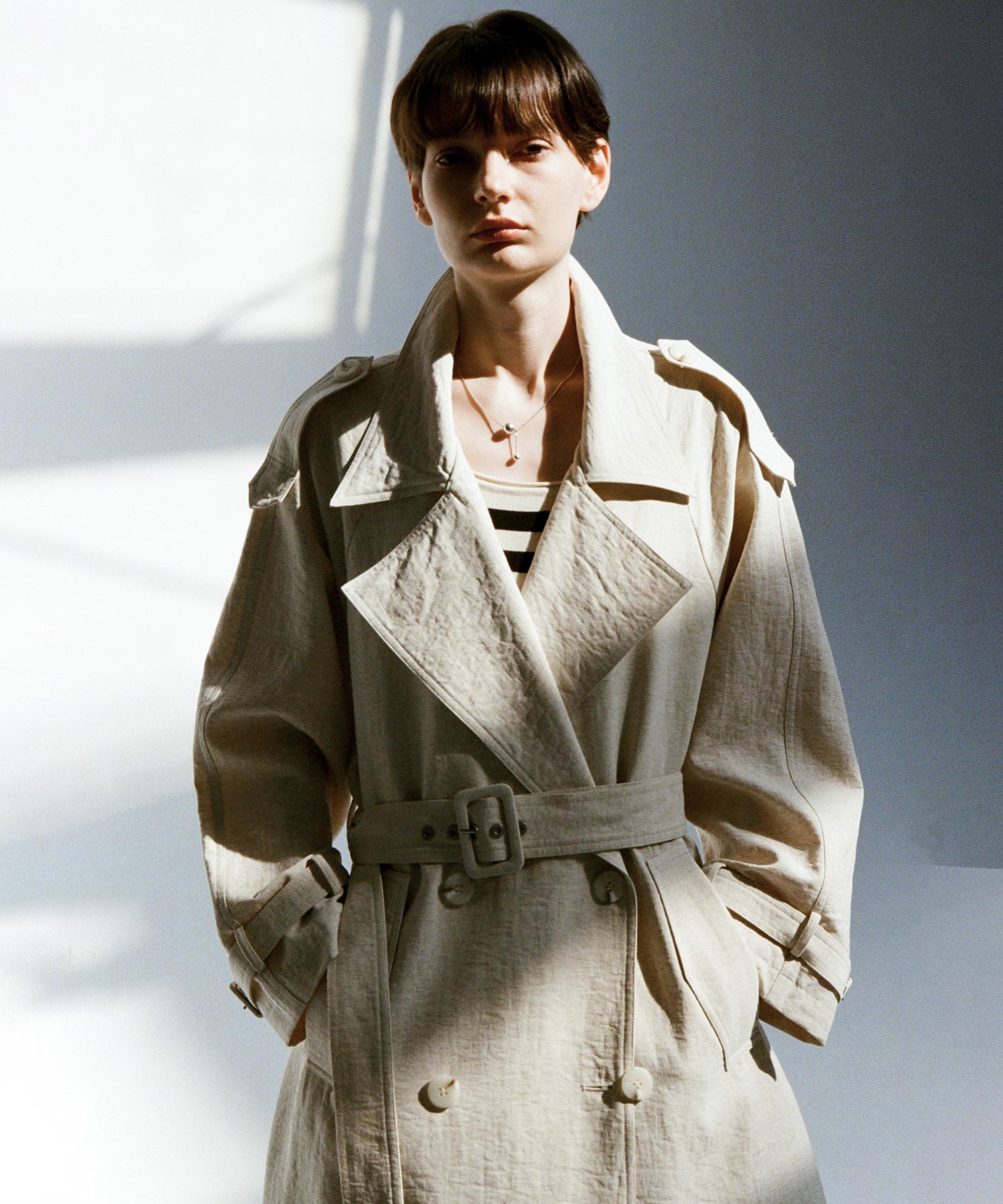 Linen Blend Double-Breasted Long Trench Coat with Epaulettes and Belt