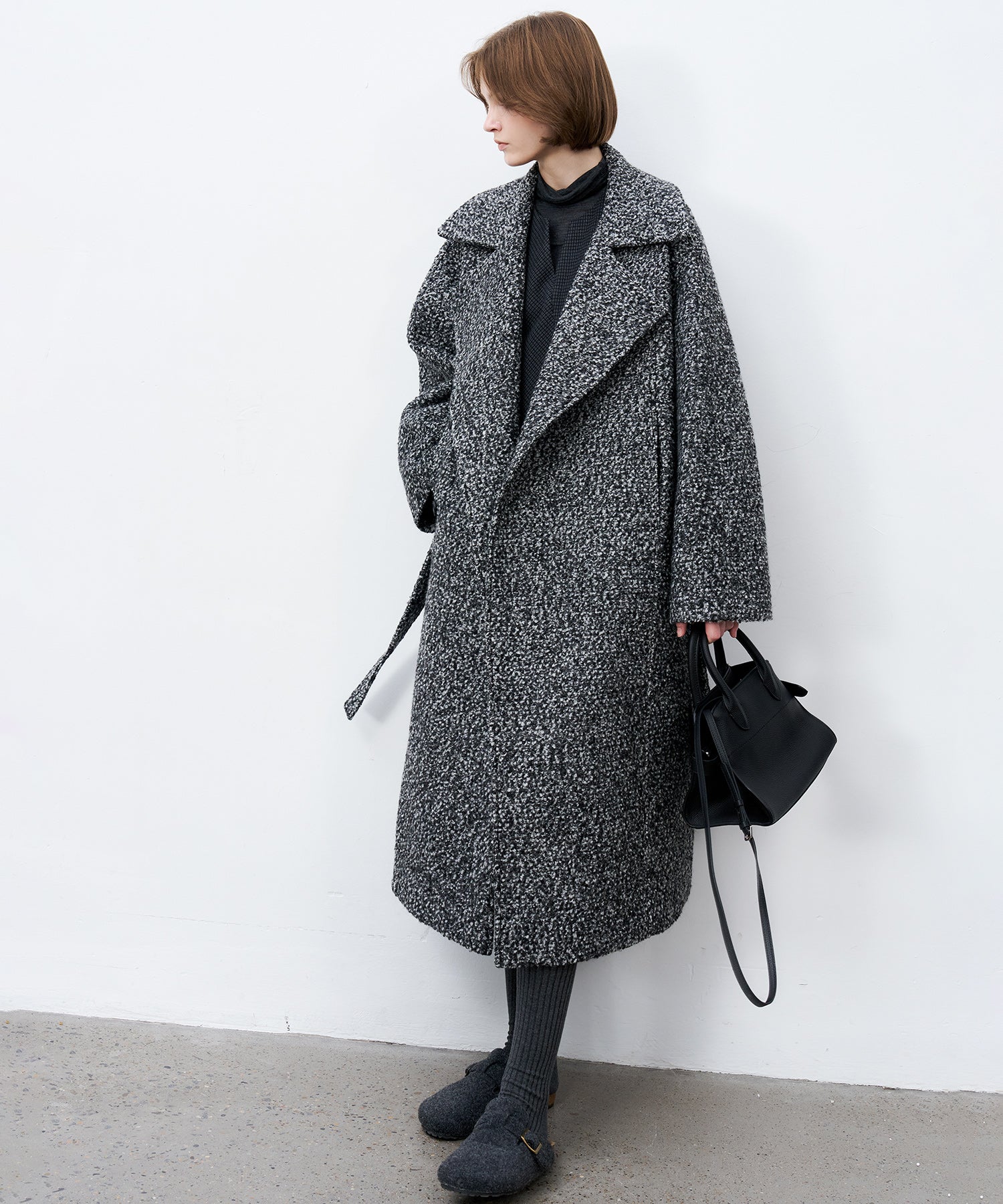 Mixed-Color Bouclé Wool Lapel Long Coat