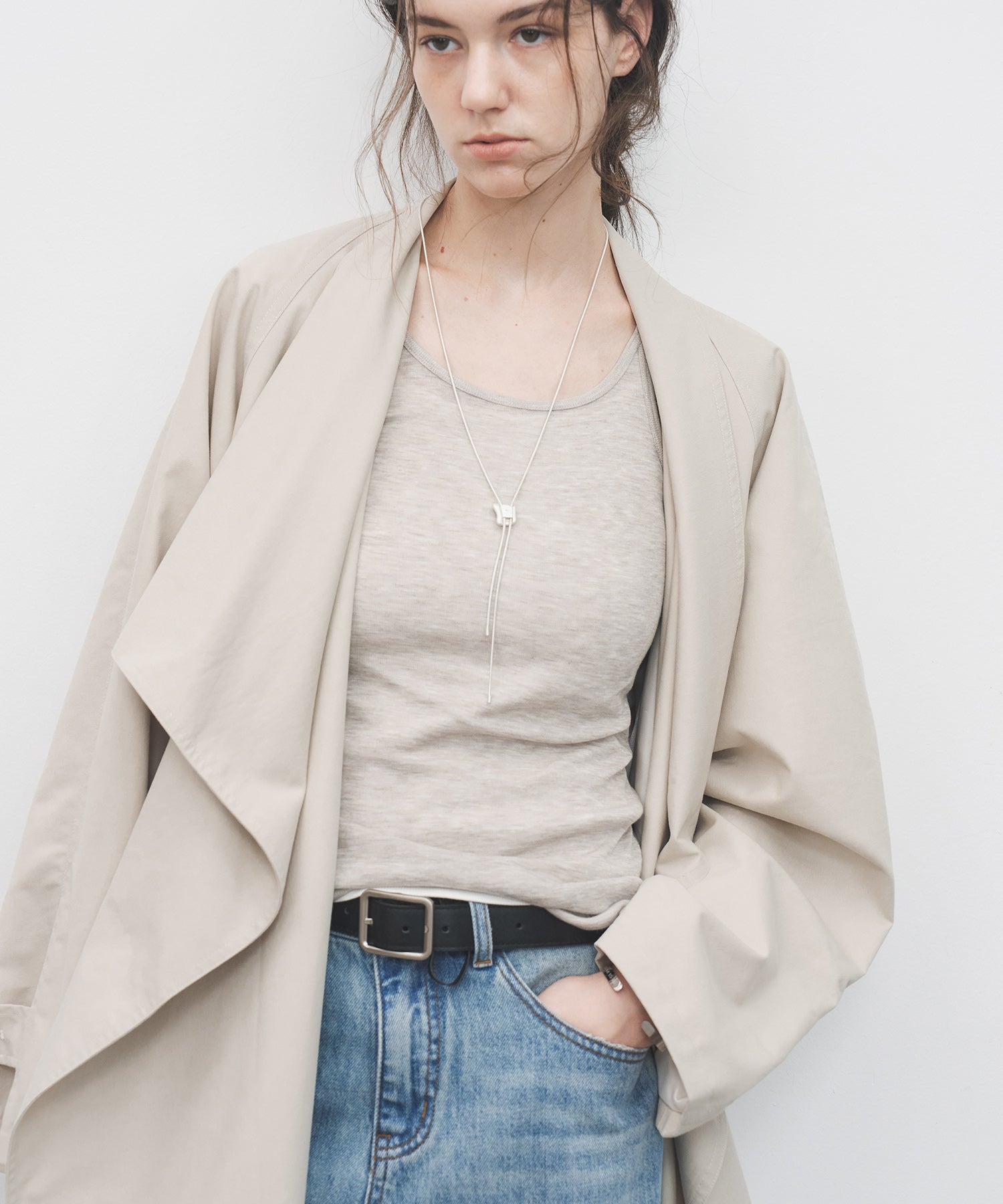 Layered Drape-Neck Trench Coat – Oversized Long Silhouette