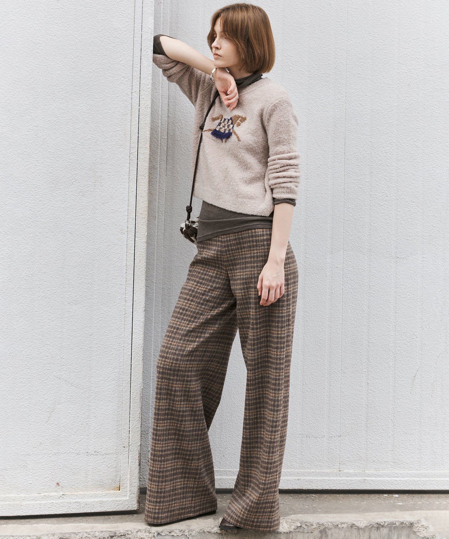 Wool Blend Yarn-Dyed Vintage Check Brushed Wide-Leg Pants