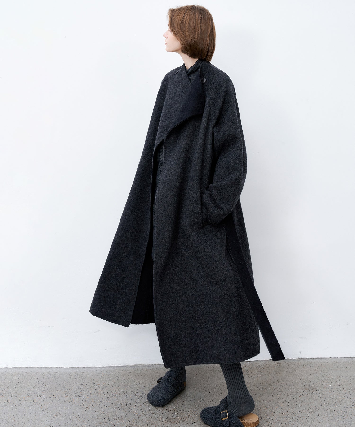 100% Wool Overlap Collar Double-Faced Long Coat