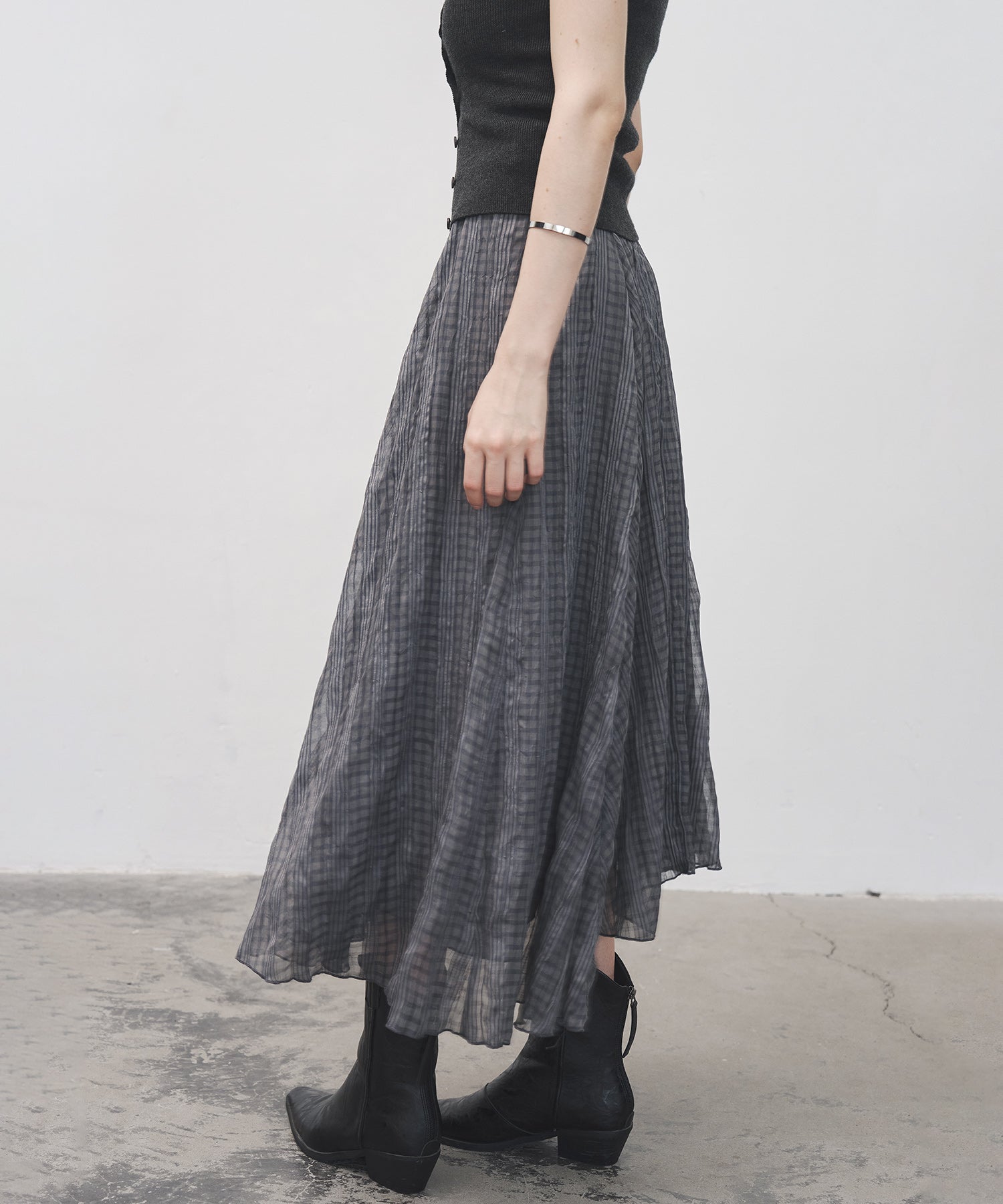 Asymmetric Hem Crinkled Check Midi Skirt – A-Line Silhouette