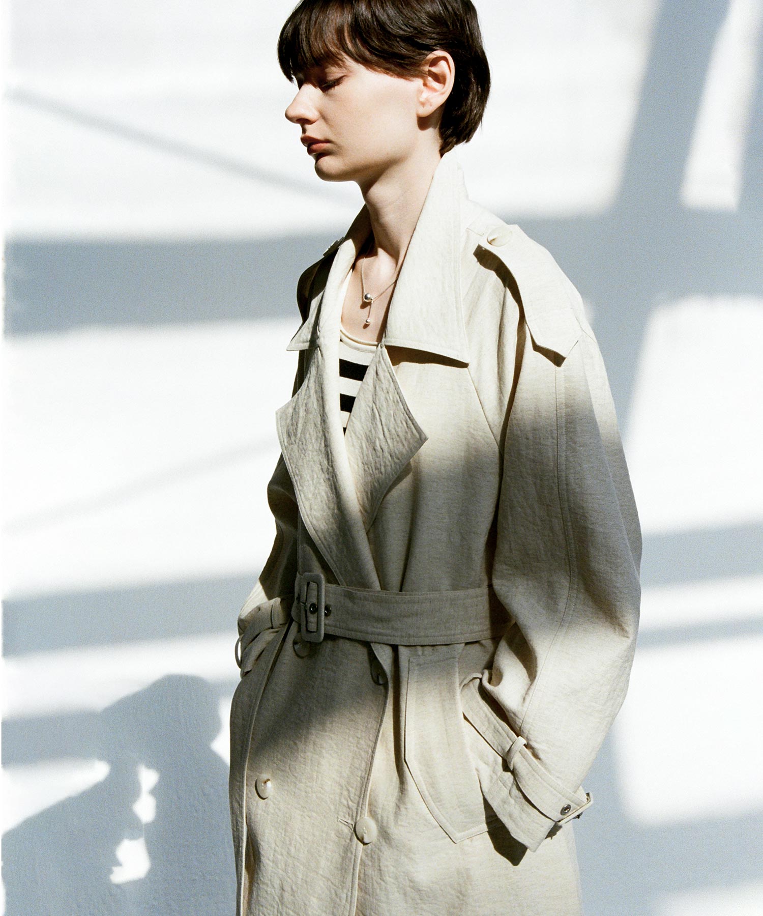 Linen Blend Double-Breasted Long Trench Coat with Epaulettes and Belt