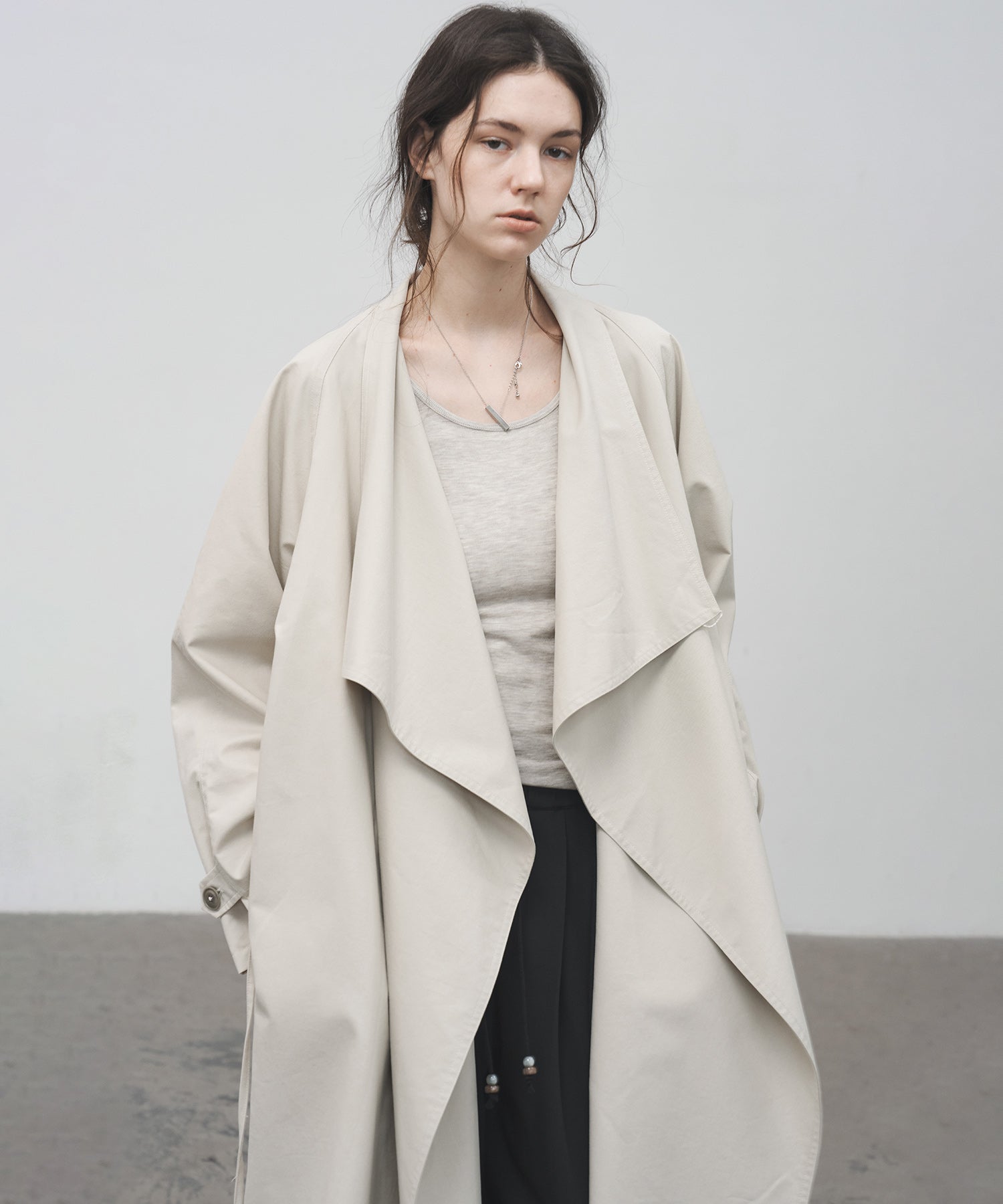 Layered Drape-Neck Trench Coat – Oversized Long Silhouette