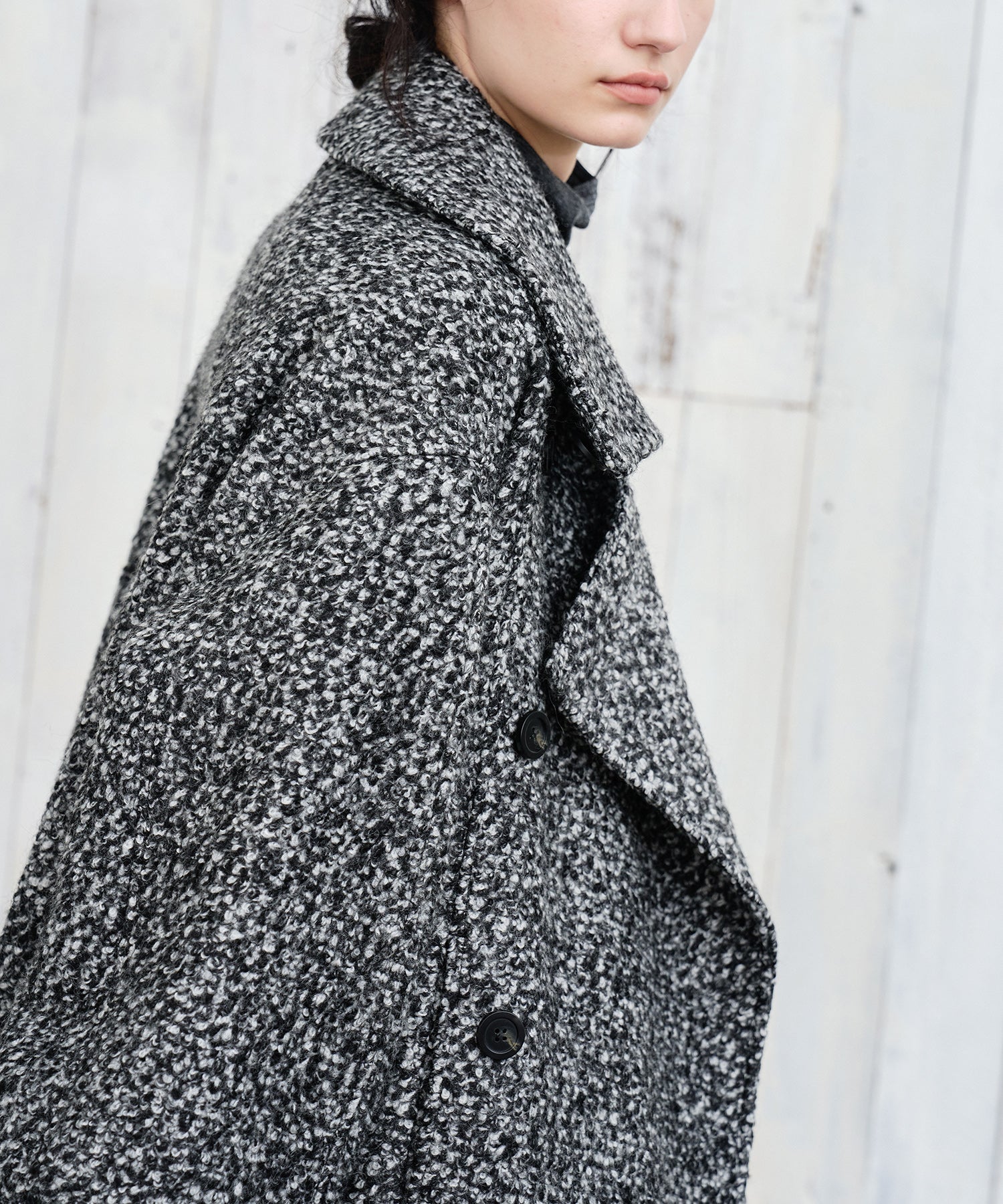 Mixed-Color Bouclé Wool Lapel Long Coat