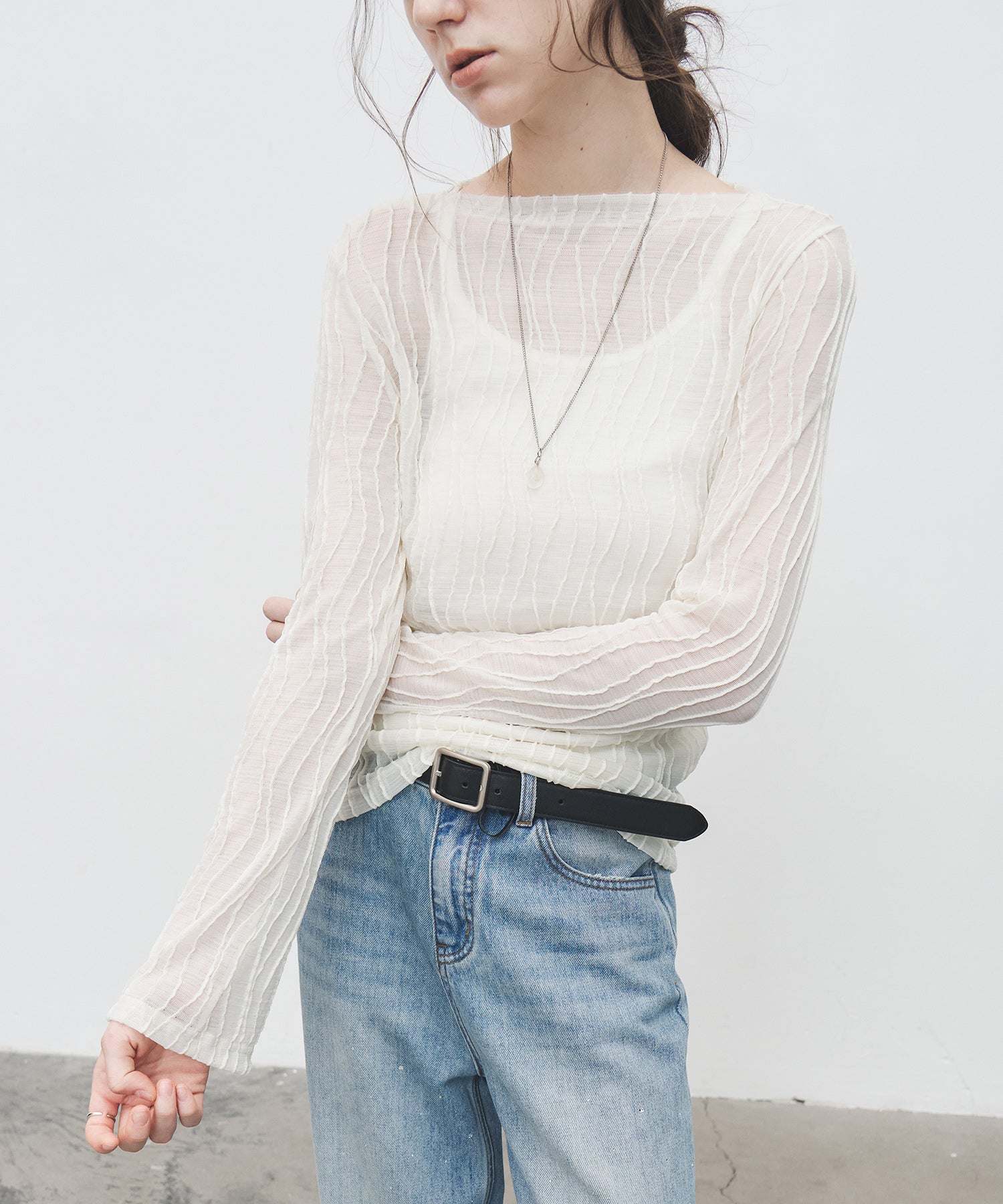 Jacquard Mesh Boat Neck Top – Sheer Long Sleeve Tee