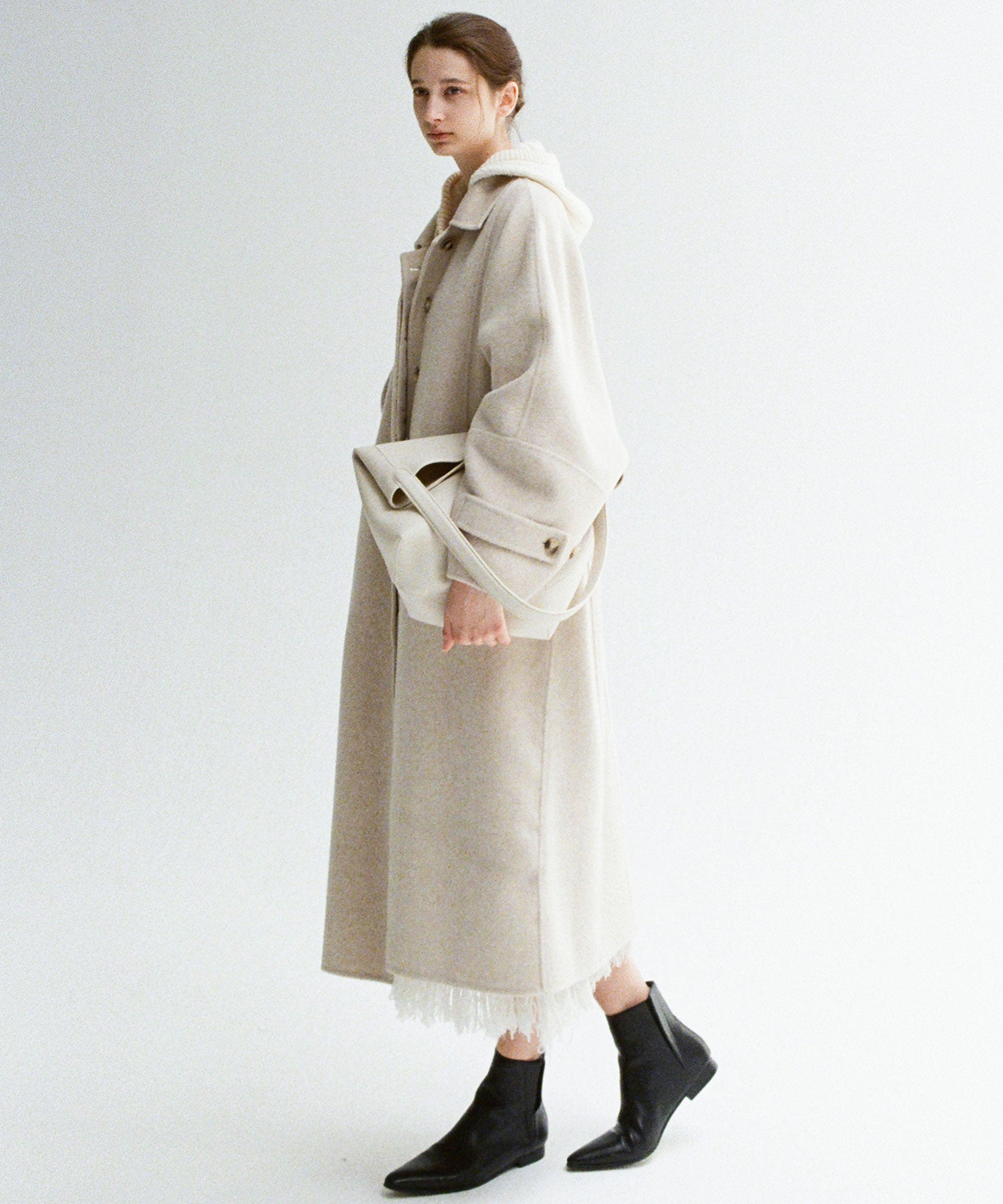 Double-Face Wool Cocoon Coat with Batwing Sleeves