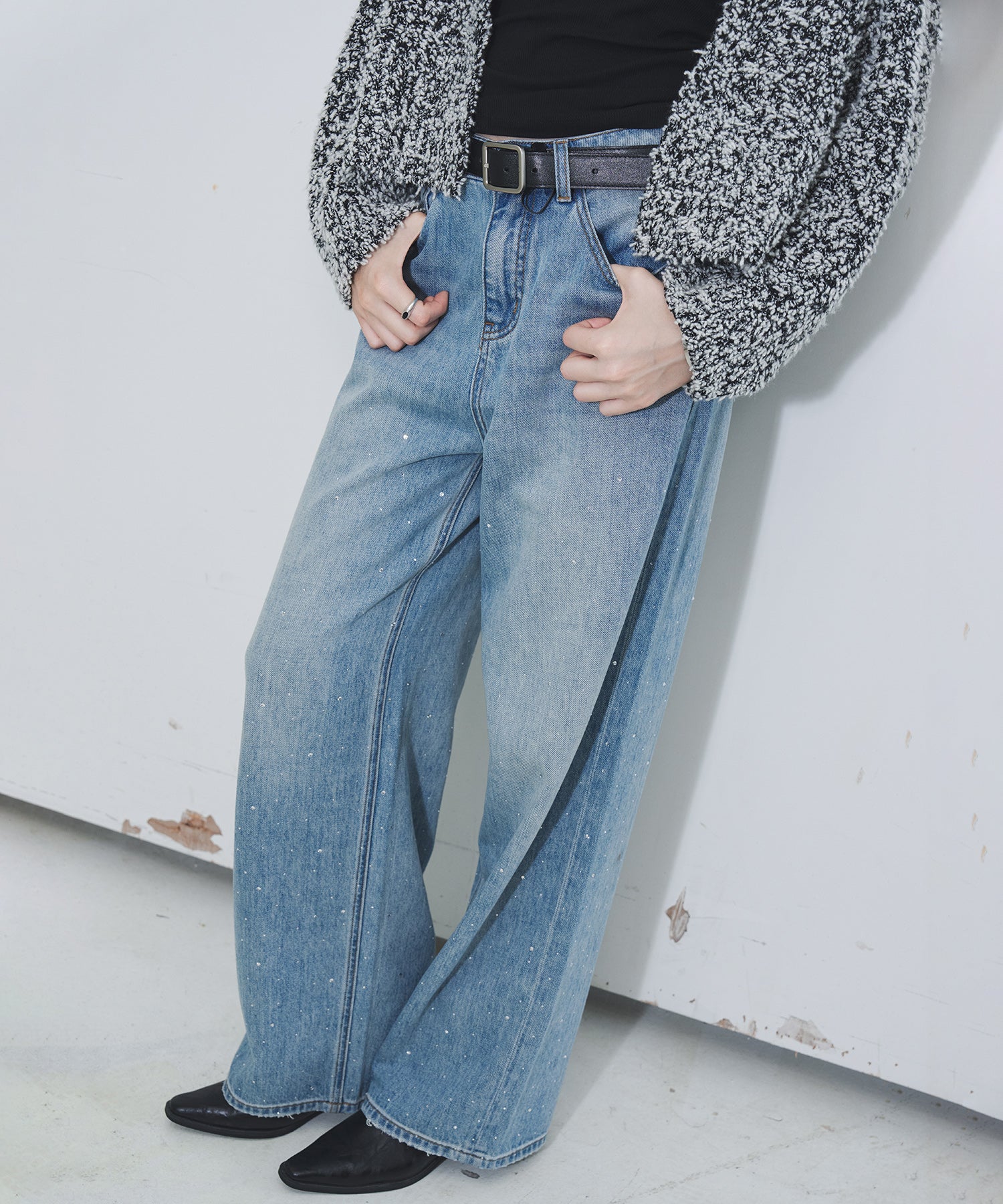 Gradient Rhinestone Wide-Leg Jeans