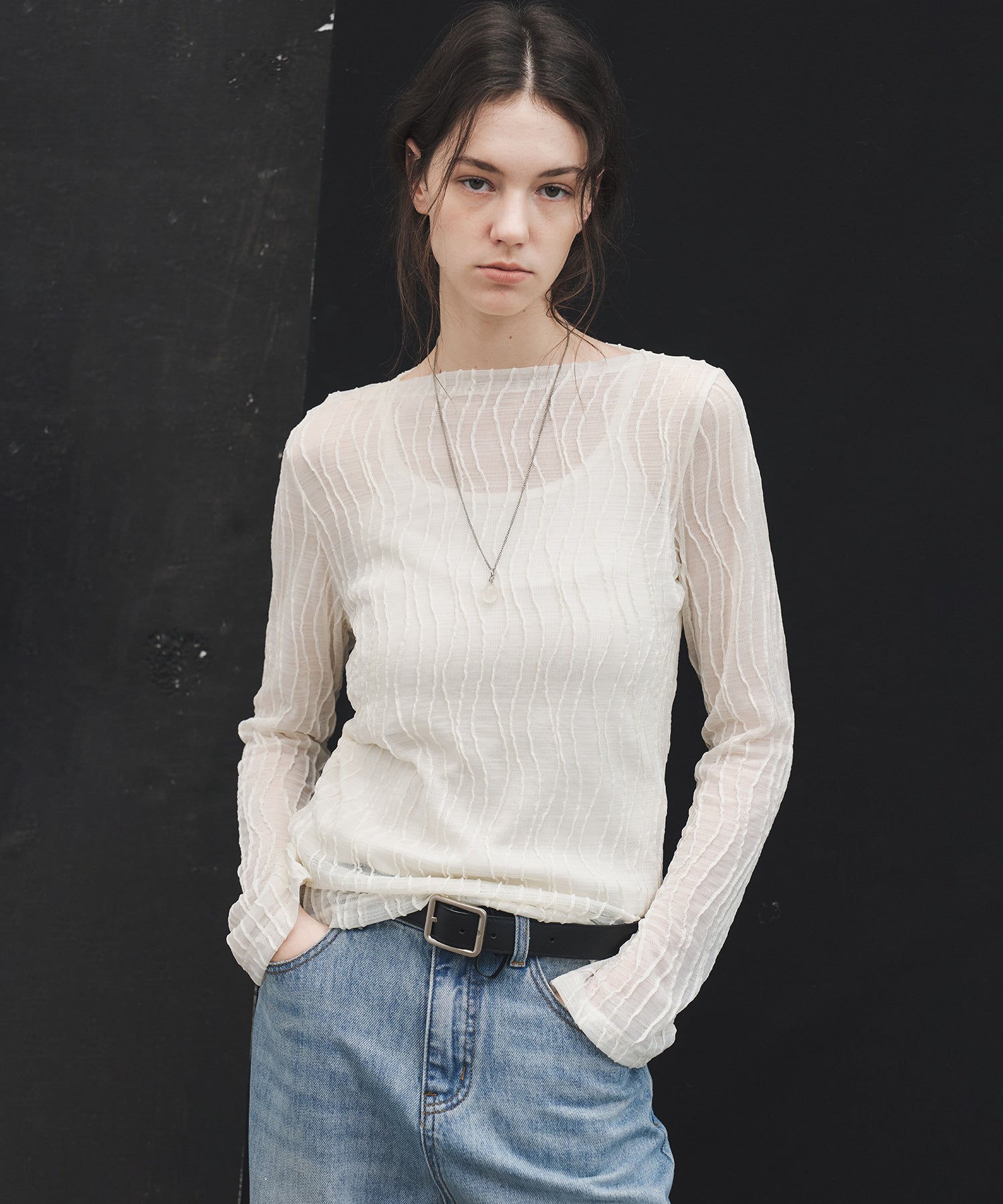 Jacquard Mesh Boat Neck Top – Sheer Long Sleeve Tee