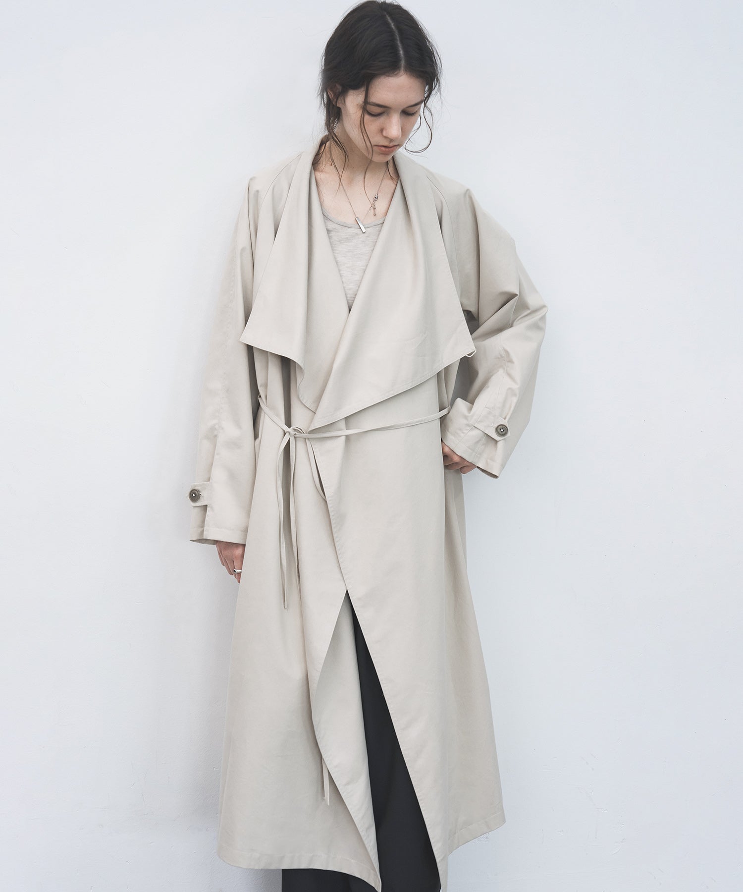 Layered Drape-Neck Trench Coat – Oversized Long Silhouette