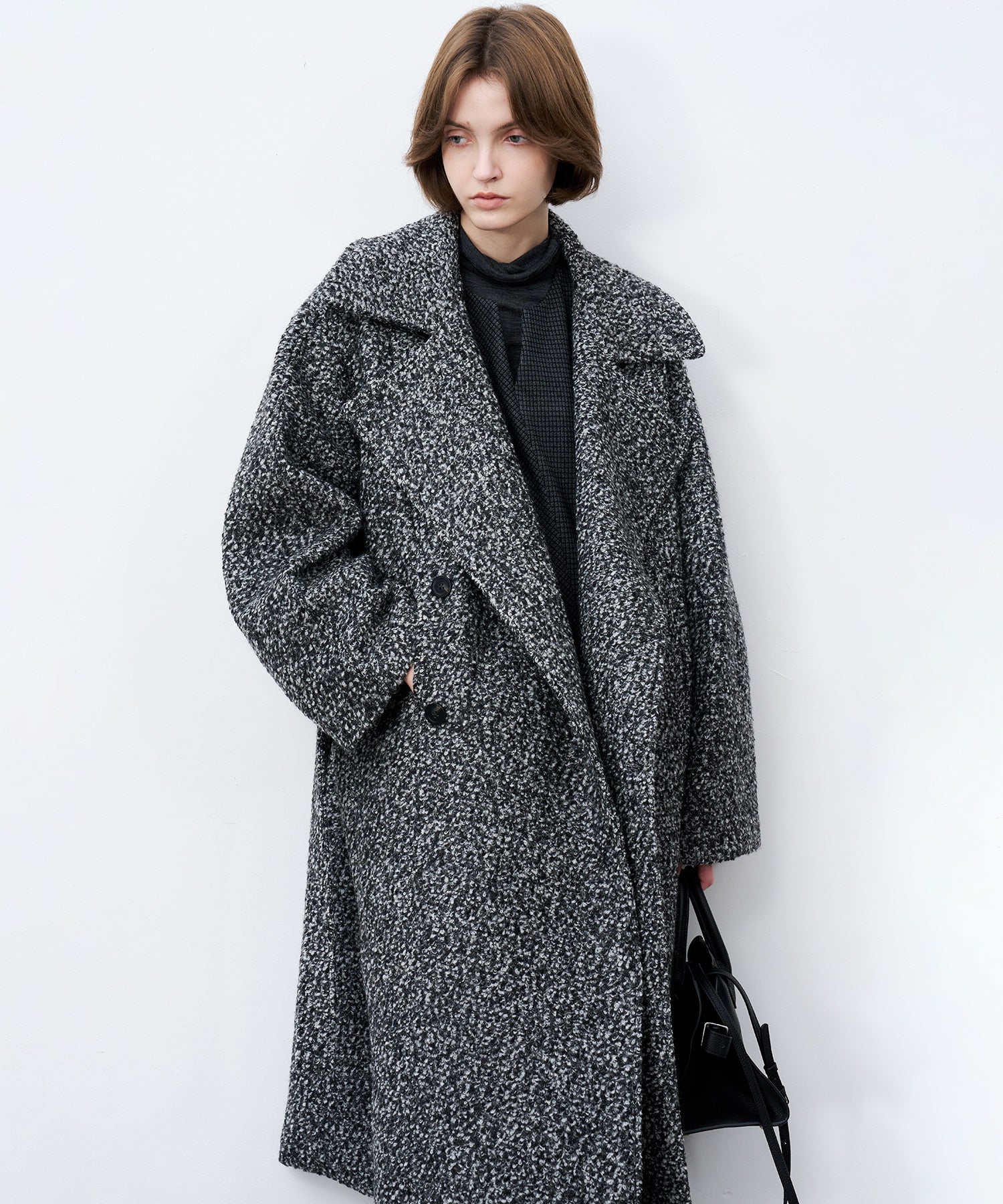 Mixed-Color Bouclé Wool Lapel Long Coat