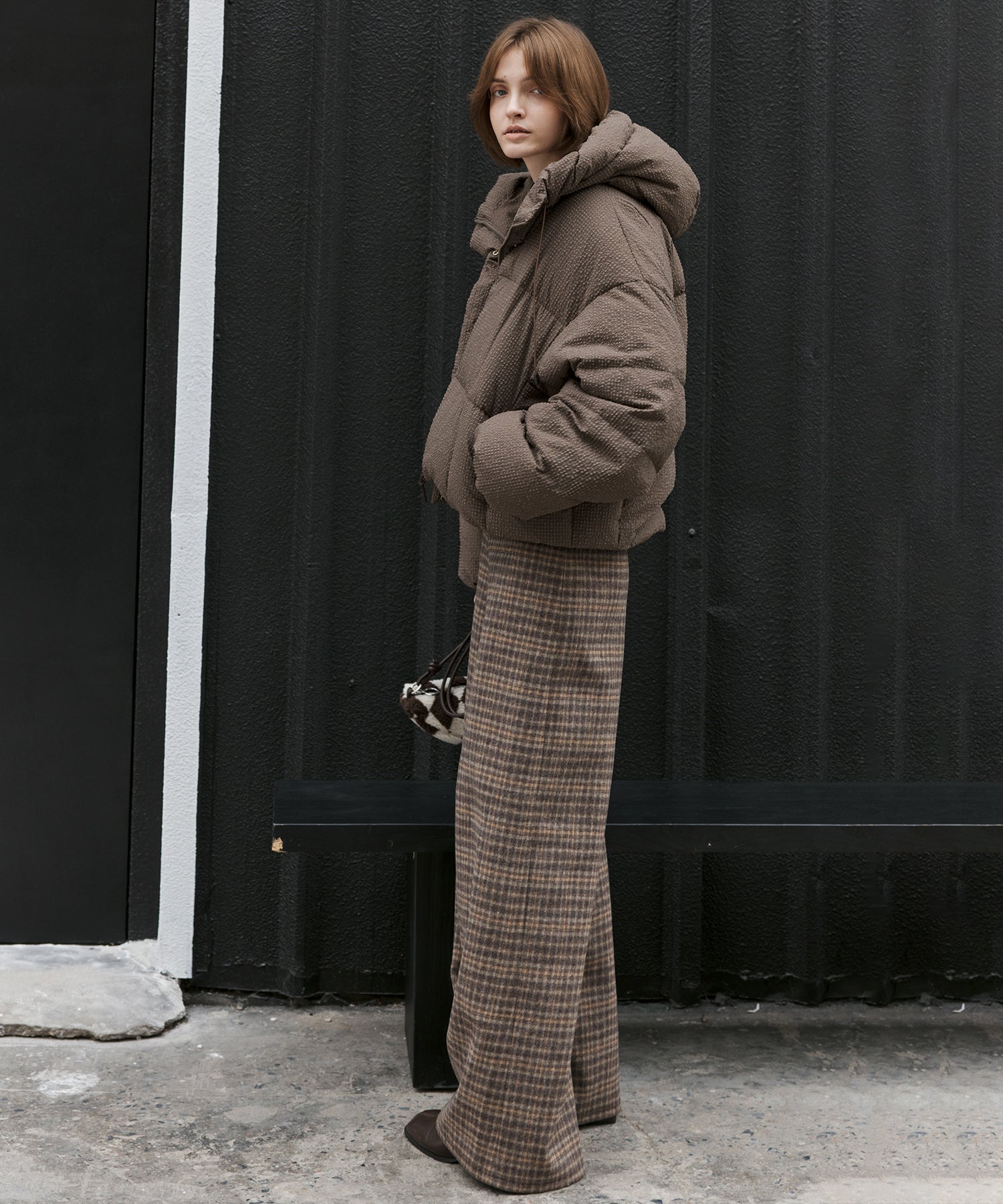 Wool Blend Yarn-Dyed Vintage Check Brushed Wide-Leg Pants