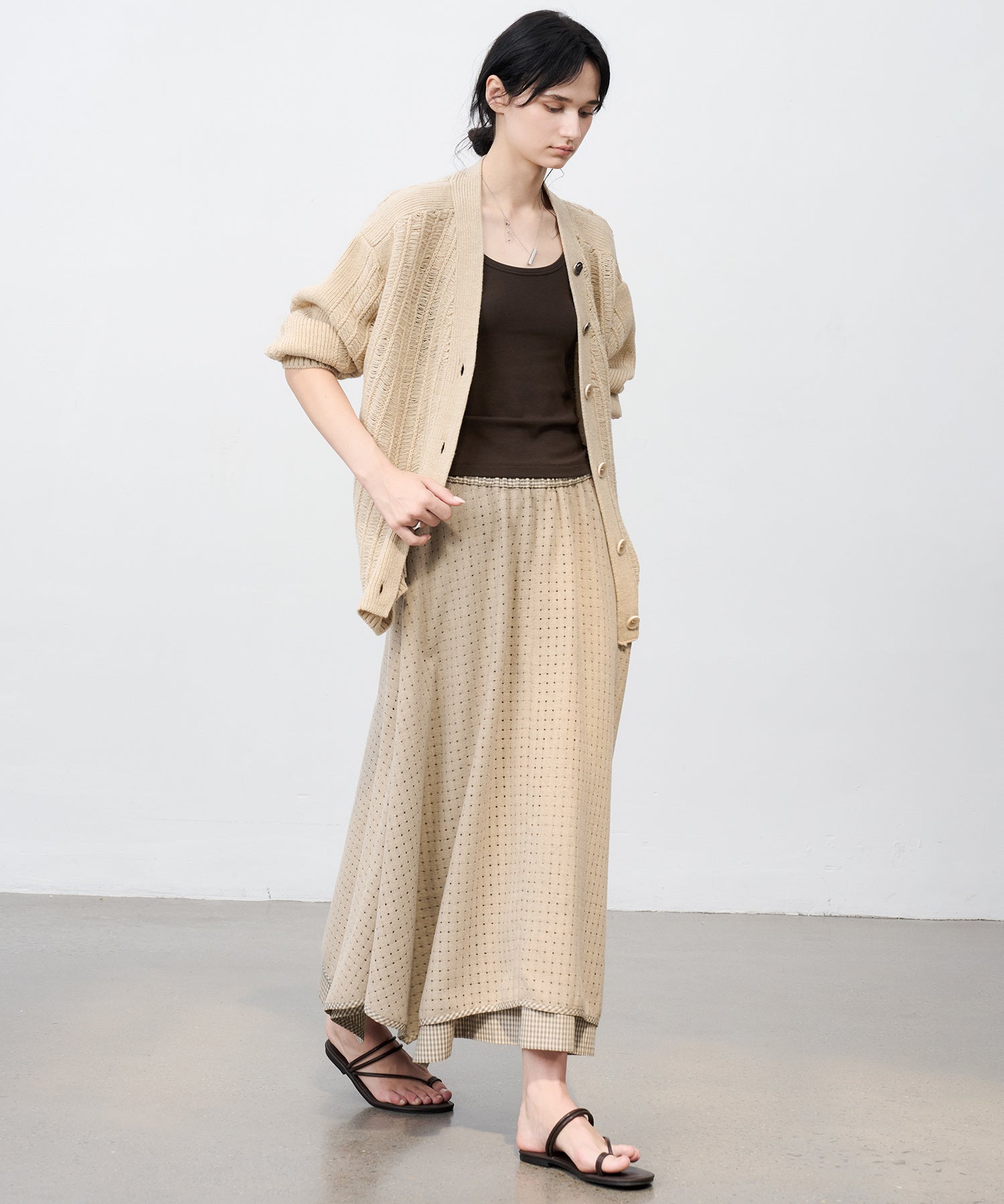Cut-Out Layered High-Waist A-Line Midi Flare Skirt