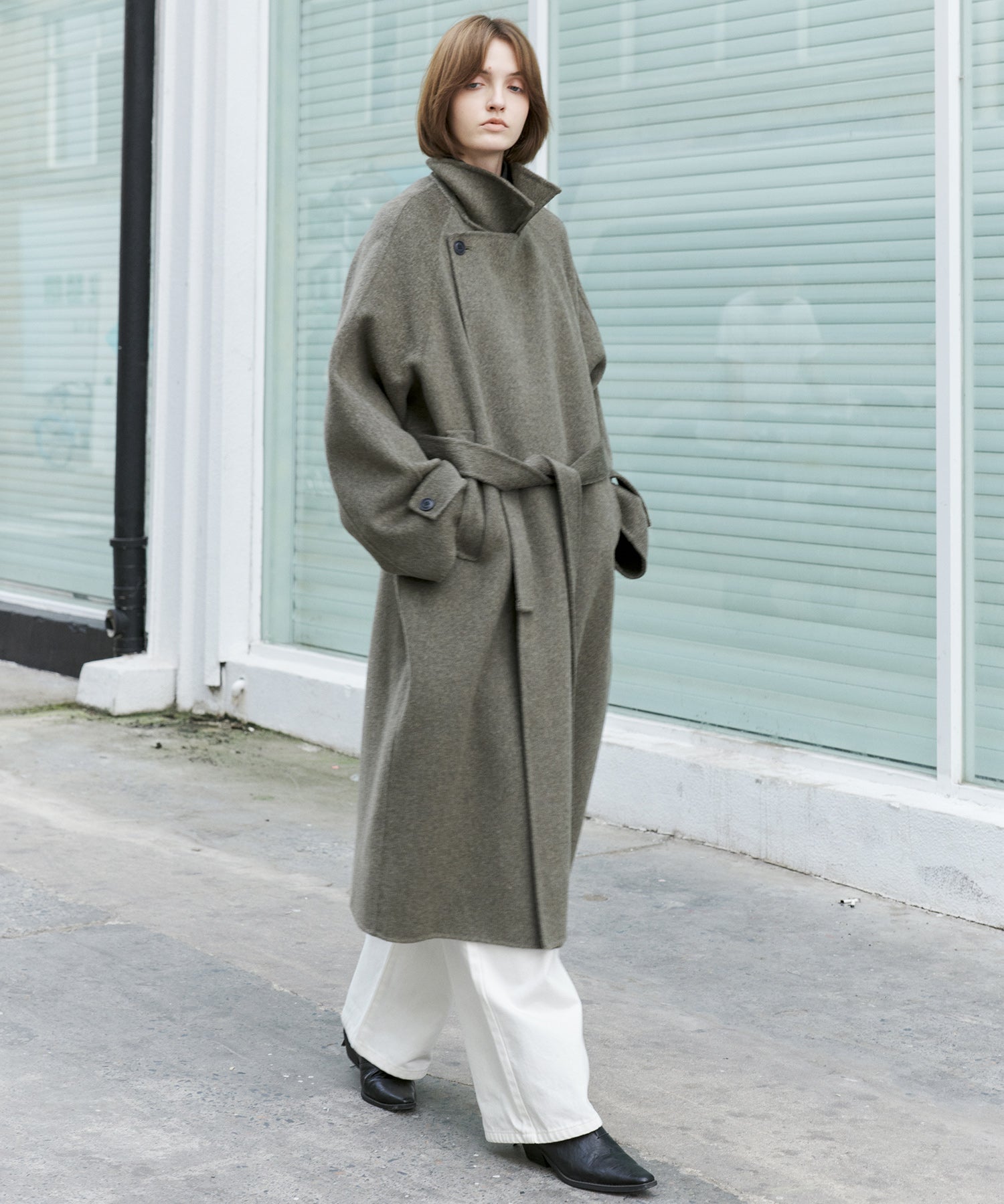 100% Wool Double-Face Trench Collar Oversized Silhouette Long Coat