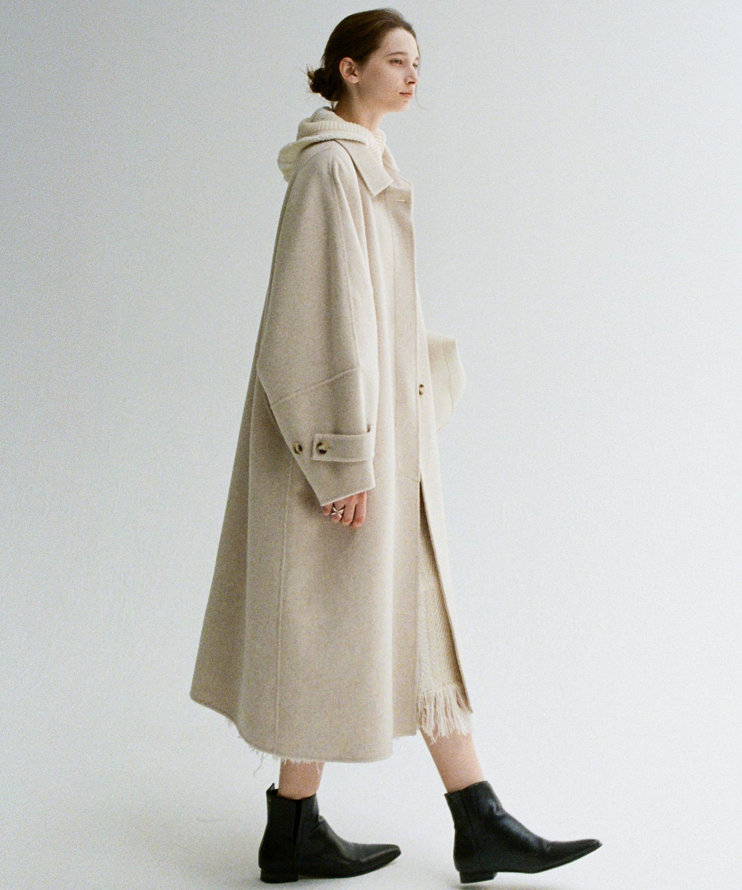 Double-Face Wool Cocoon Coat with Batwing Sleeves