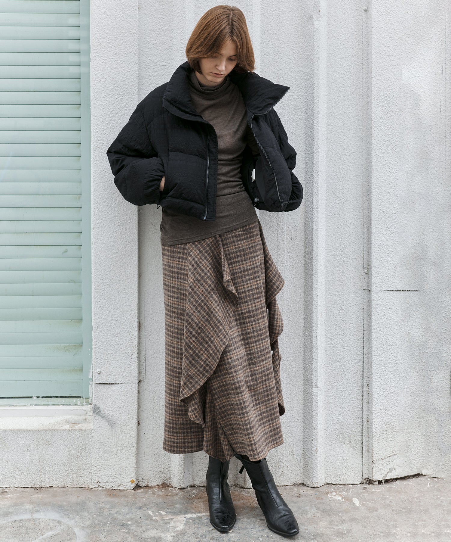 Wool Blend Irregular Flake Detail Yarn-Dyed Vintage Check Brushed A-Line Midi Skirt