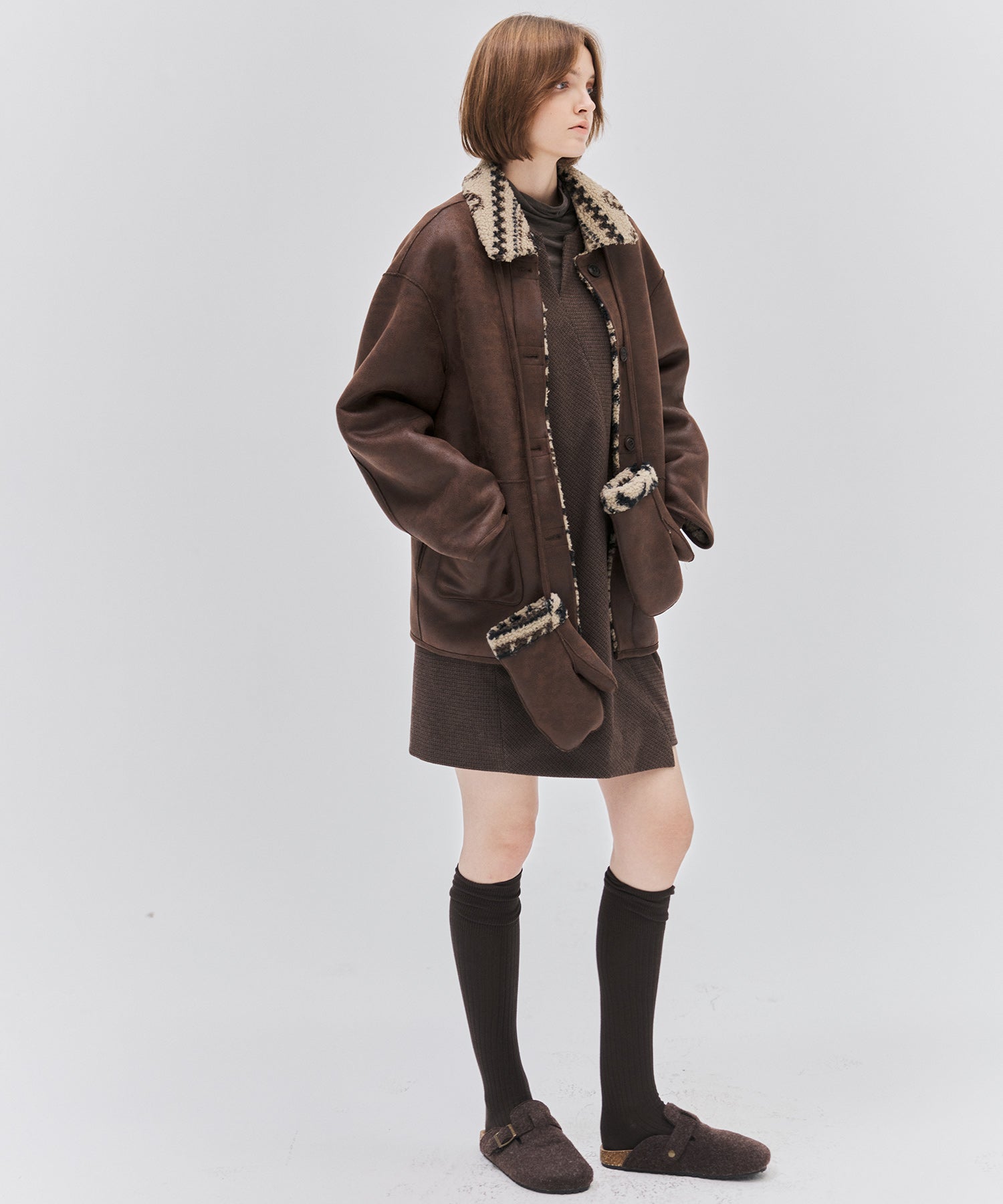 Fair Isle Faux Shearling Jacket with Gloves