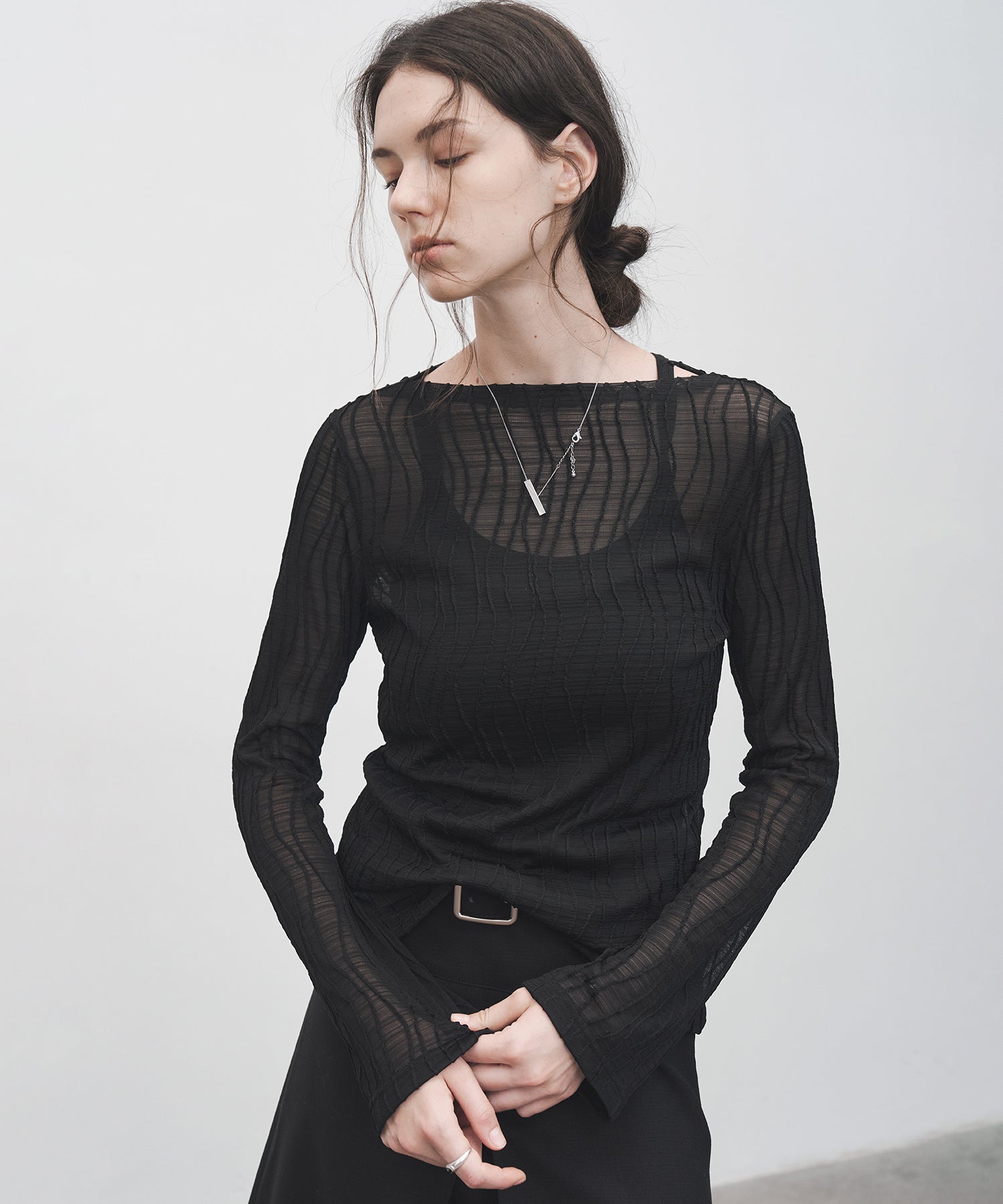 Jacquard Mesh Boat Neck Top – Sheer Long Sleeve Tee