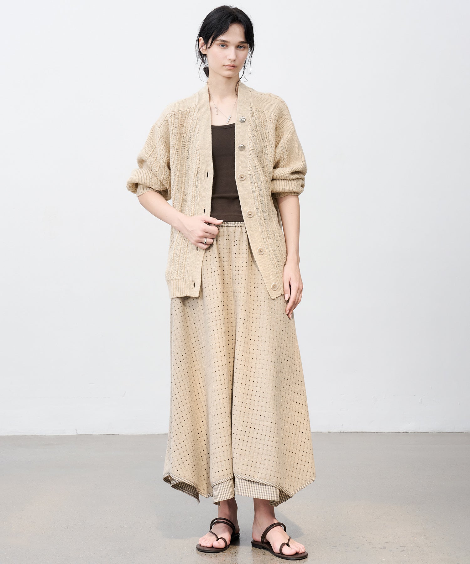 Cut-Out Layered High-Waist A-Line Midi Flare Skirt