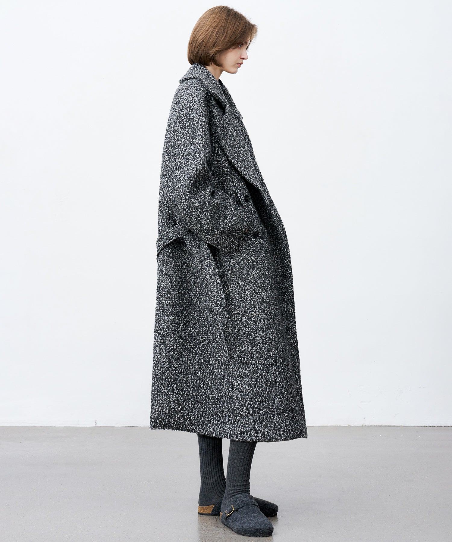 Mixed-Color Bouclé Wool Lapel Long Coat
