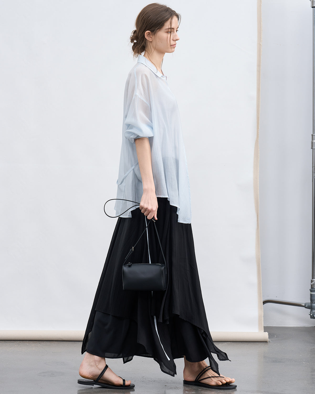 Bi-color Asymmetric Neck Sheer Shirt