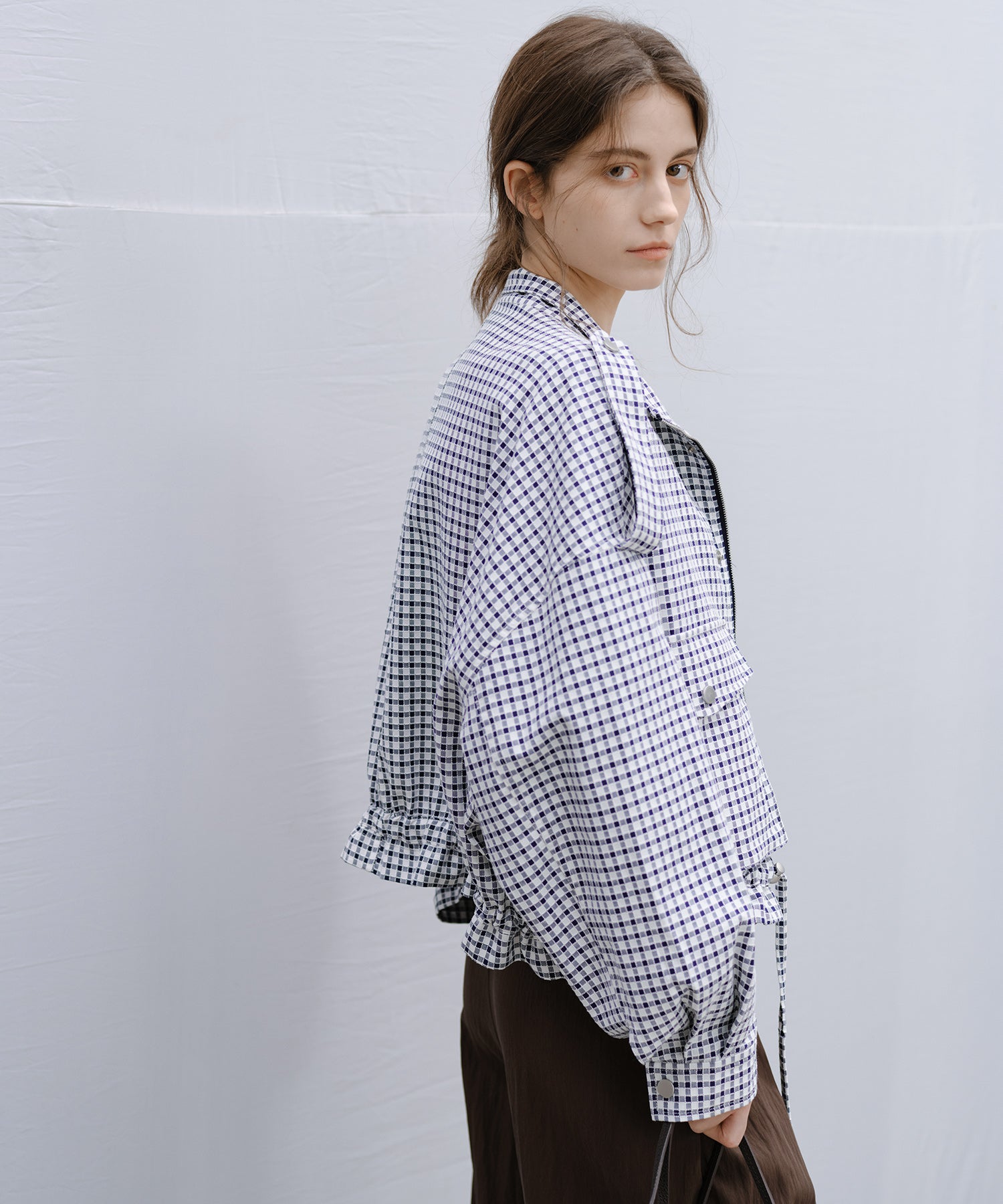 "Shipping late February to early March" Stand Collar Check Drawstring Jacket