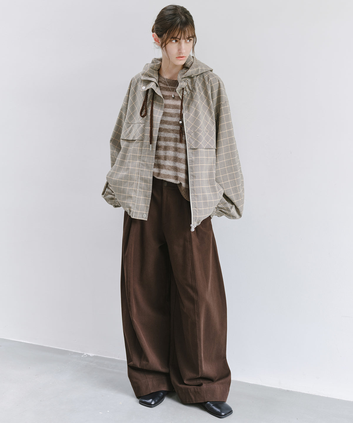 「10月下旬出荷予定」Checked Drawstring Hooded Short Jacket