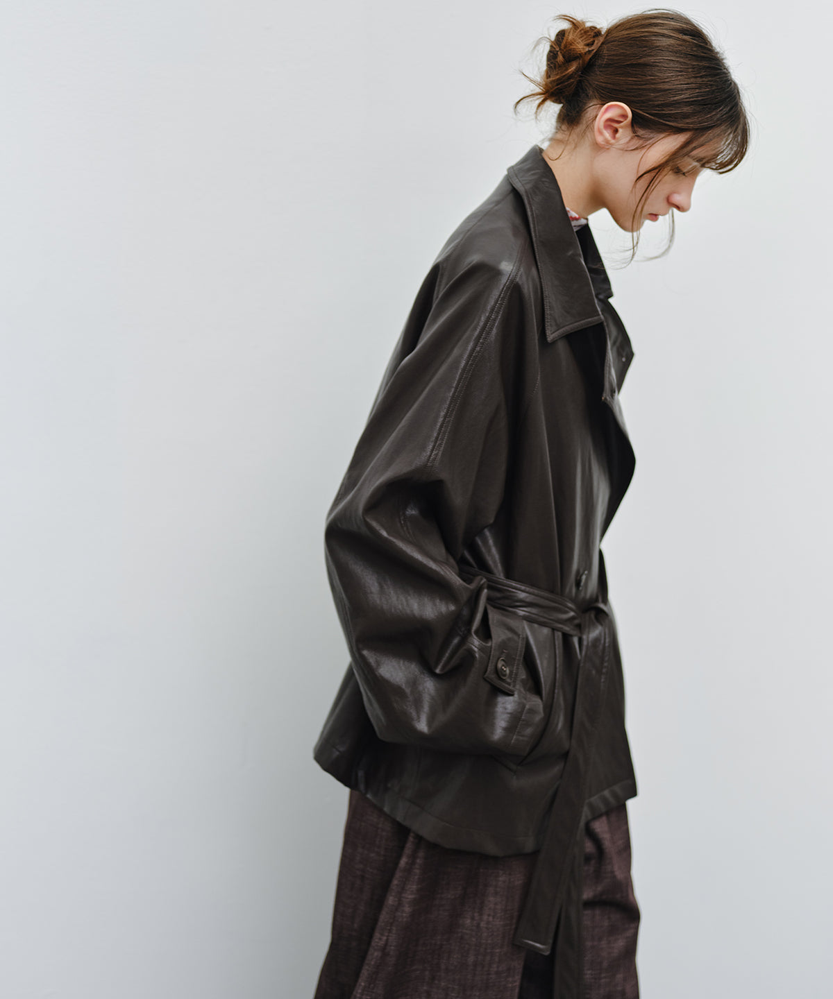 「9月下旬出荷予定」Belted Faux Leather Short Trench Jacket