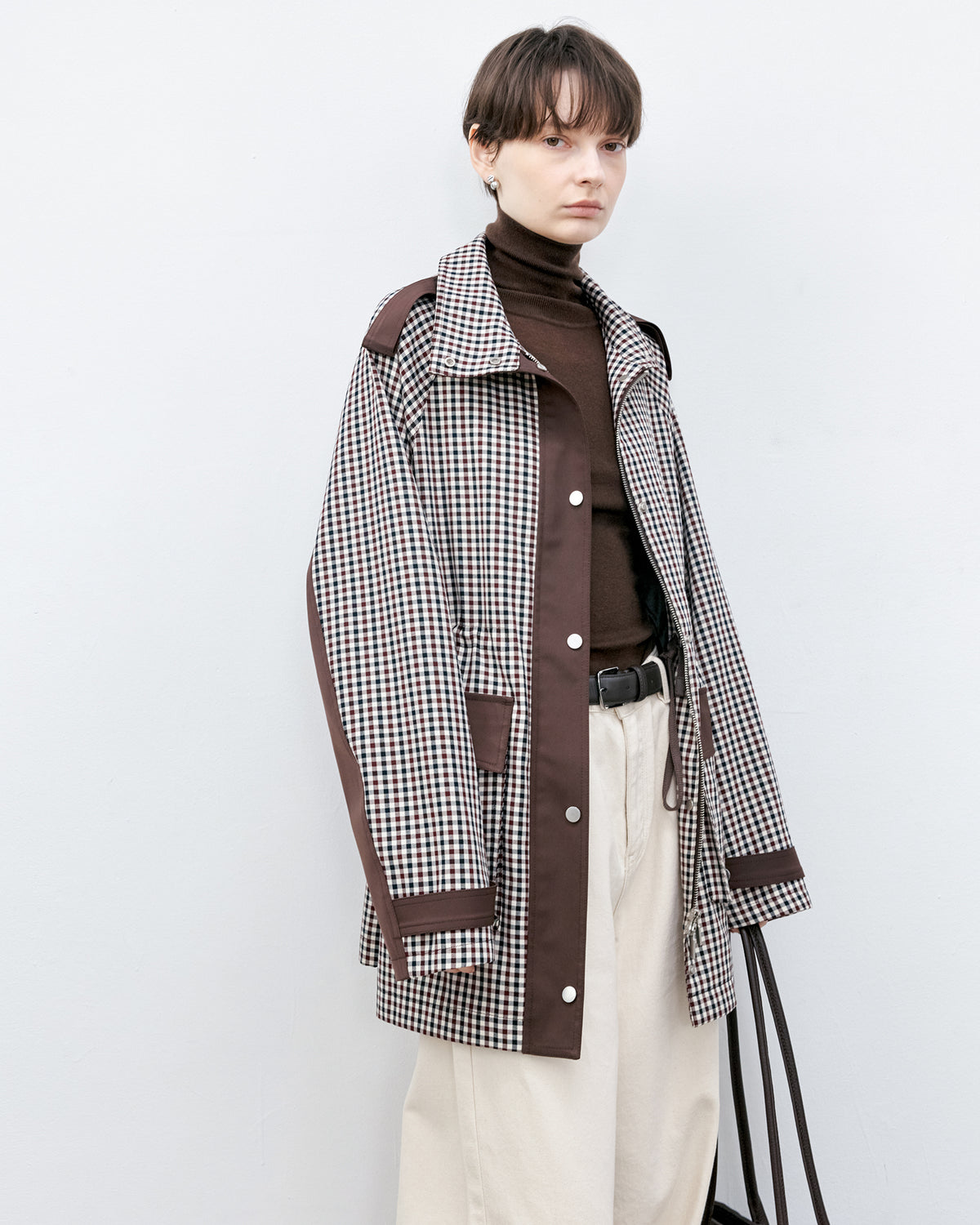 Contrast Panel Checkered Mid-Length Jacket