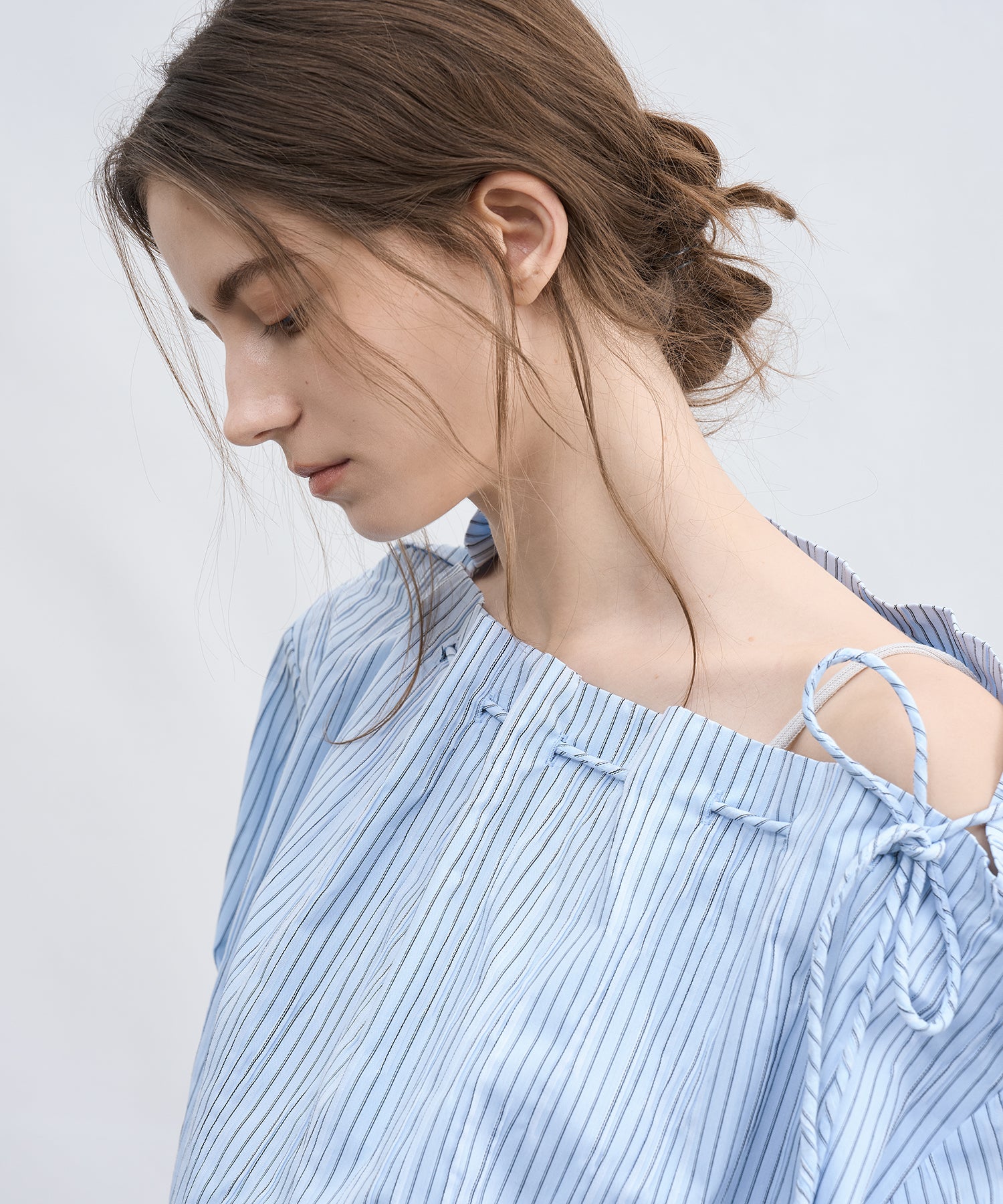 Asymmetric Off-Shoulder Drawstring Stripe Blouse